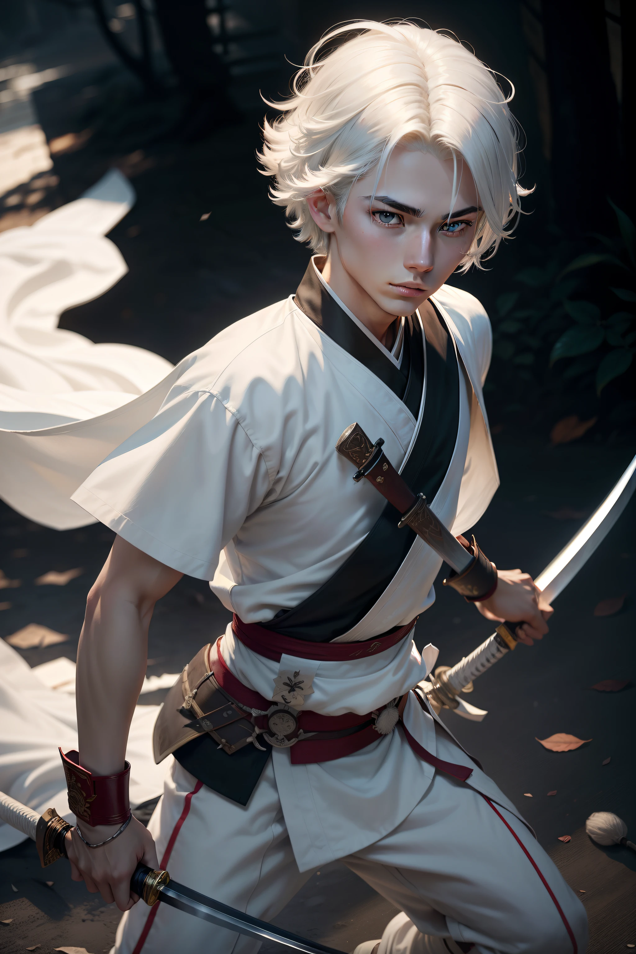 Cinematic light and shadow texture，young 17 years old，white color hair，Libido boy，shoun，With a sword，flowy，Martial arts，Wearing a samurai uniform，Looks thinner