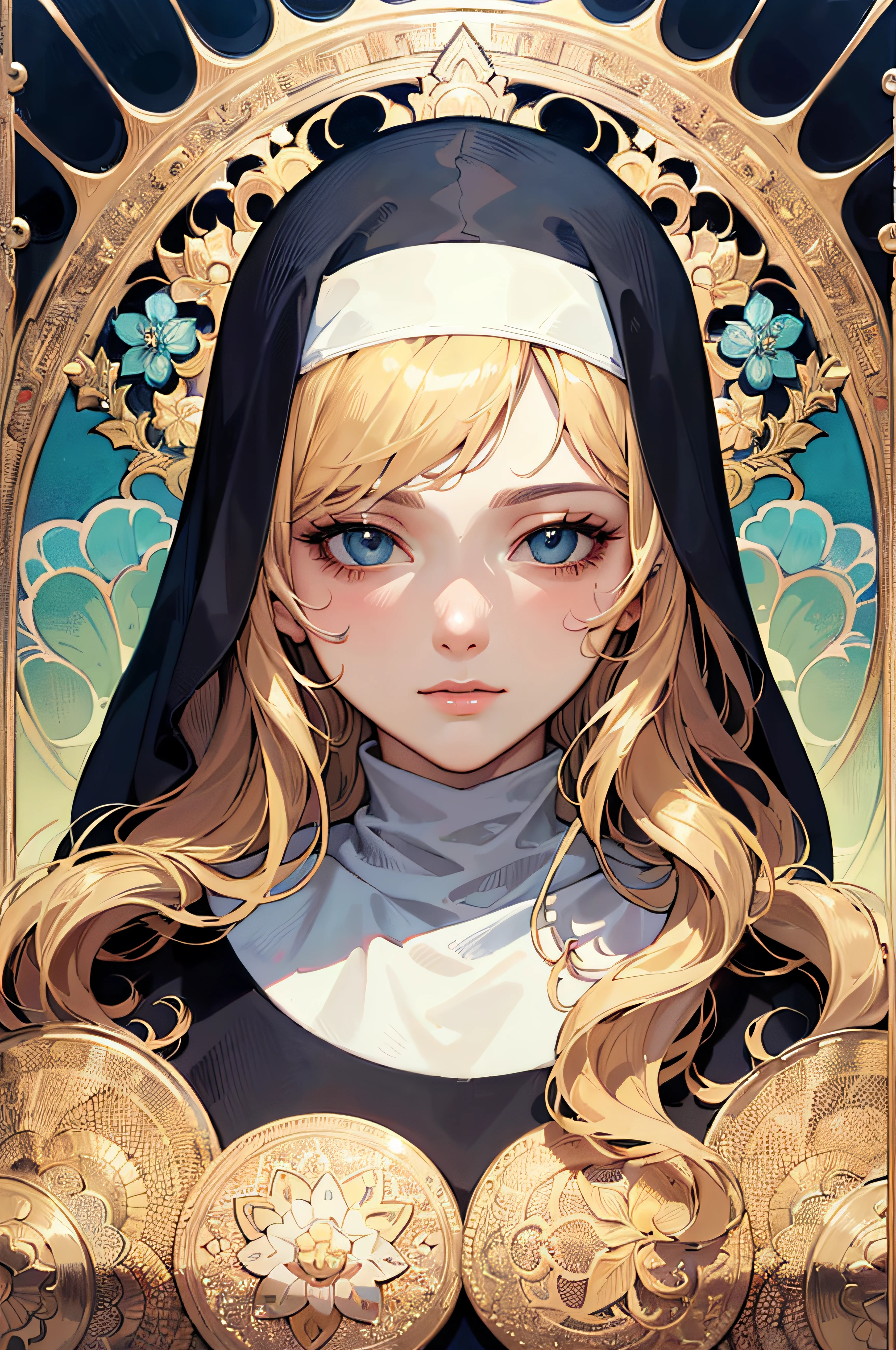 face portrait of a European Nun female , long curly hair, blond, floral frame, Decorative panels, abstract
artistic, by Alphonse Mucha
(Masterpiece, Best Quality, Highres:1.4), Detailed, Intricate Details, 4K, color splashes, line art, fibonacci, sexy, curvy, milf, boobs,, tits