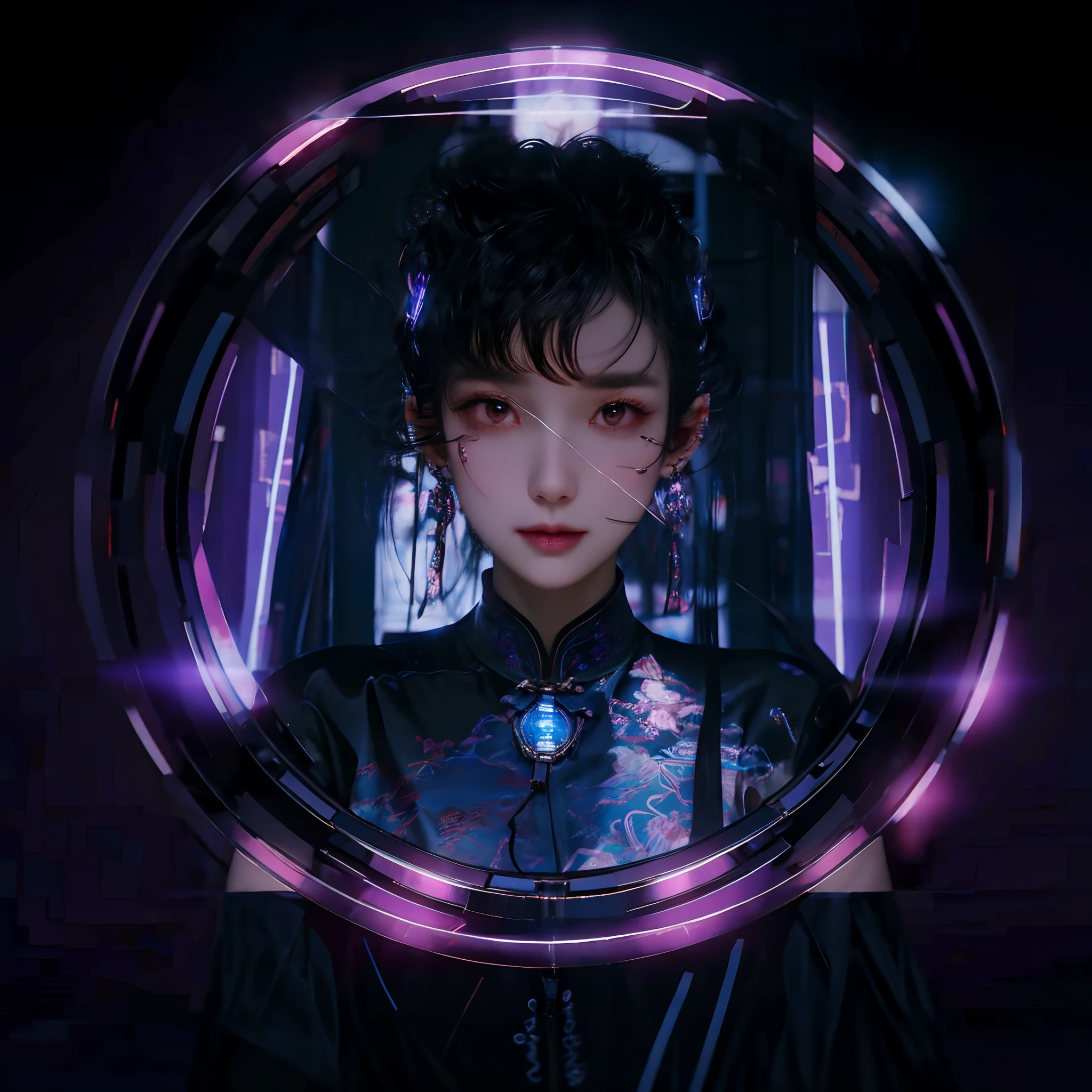 1 rapariga， Chinese_clothes， Liquid purple titanium and black， Cyberhanfu， on cheongsam， Cyberpunk-city， dynamicposes， Details illuminated headphones， luminous hair ornaments， long whitr hair， Luminous earrings，Glowing necklace，cyber punk perssonage， a high-tech city， full of machinery and futuristic element， afofuturism， technologies，luminous neon lights，purpleish color，Purple light，Translucent black tulle，black ribbon，laser，Digital background city sky，large moon，There are vehicles，Best quality at best，tmasterpiece，8K,Character edge light，hyper-high detail，high qulity，The most beautiful woman in man，Slight smile，The face is symmetrical to the left and right facing the front，Ear decoration，beautiful pupil，Light effects，visual data，Dark black hair，Ultra-detailed facial texture，Black gloves in glossy leather，elevation shooting