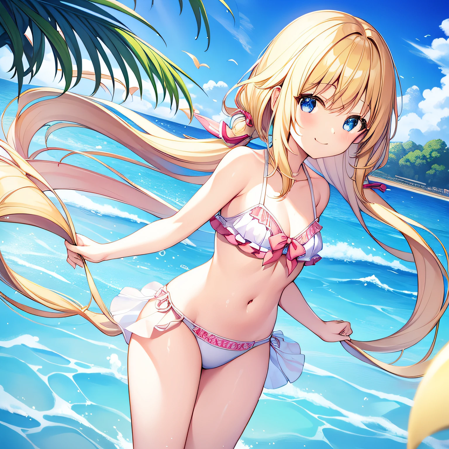 top-quality、extremely delicate and beautiful、Elementary school girls、5th grade elementary school、The bikini、mesugaki、A smile、a blond、Brown skin、The background is the sea、is standing、Twin-tailed