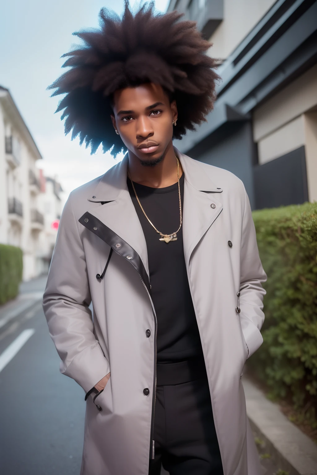 First quality、high resolucion、(photoreallistic:1.4)、Homme noir, ((24-year-old African-American, beau visage)), ((coiffure afro touffu)), ((Grande veste noire qui tient un parapluie sous la pluie)), pantalon chasseur, chaussures air-force1, ((corps mince)), (beautifull detailed face)、large lip, ((avec sa petite-amie qui le fixe des yeux)), Style hip-hop, (( in the evening at 8pm)), ((Paysage bordure de route)), vue en entier