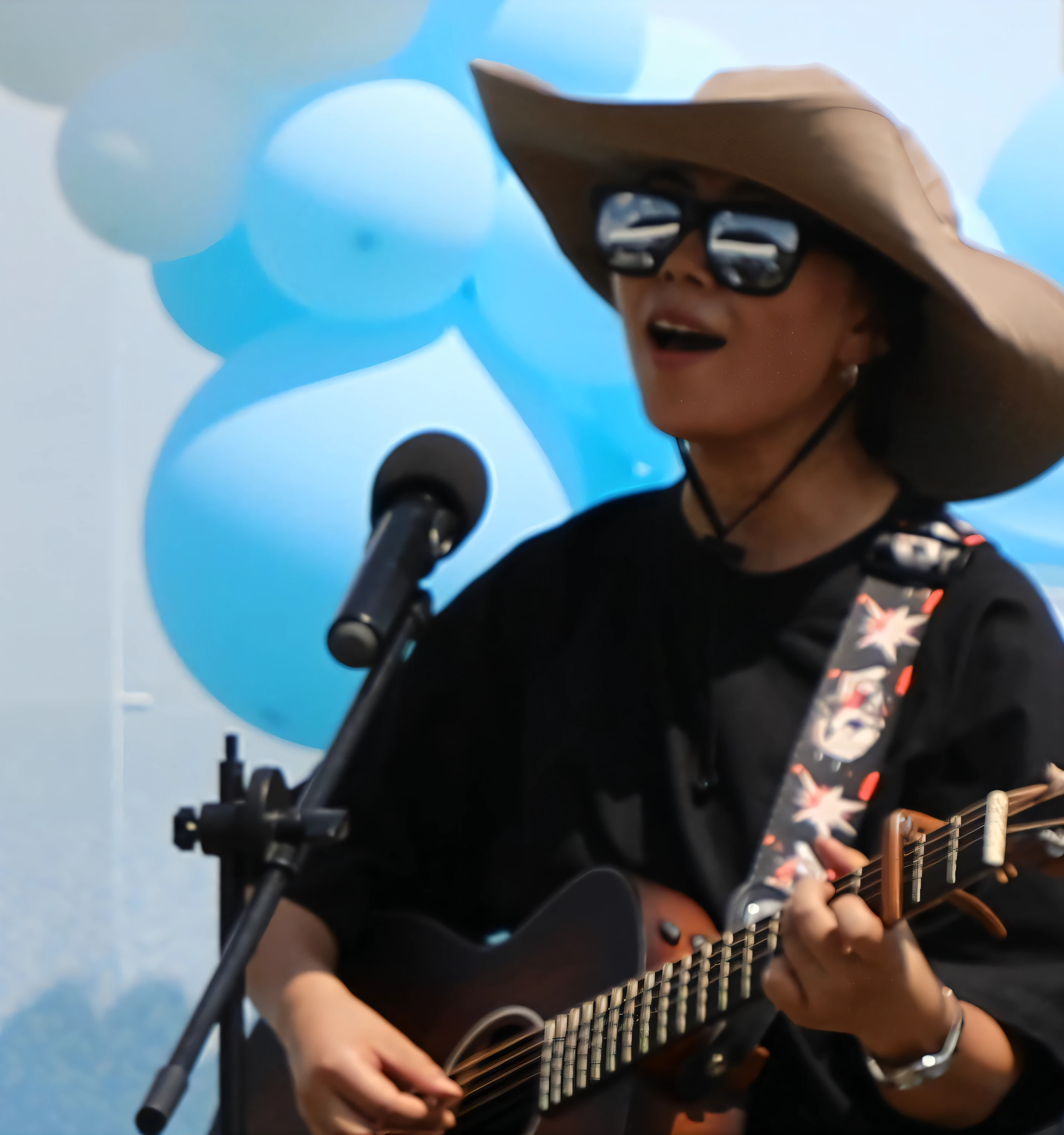 There was a man playing guitar in front of the microphone, Performing on stage, playing guitar onstage, singer songwriter, Live performance, Blue sky, singer - songwriter, personal profile picture, blocking the sun, overclocking, Execution, profile shot, musician, music festival, On a sunny day, photograph taken in 2 0 2 0, singers, guitarists, On stage