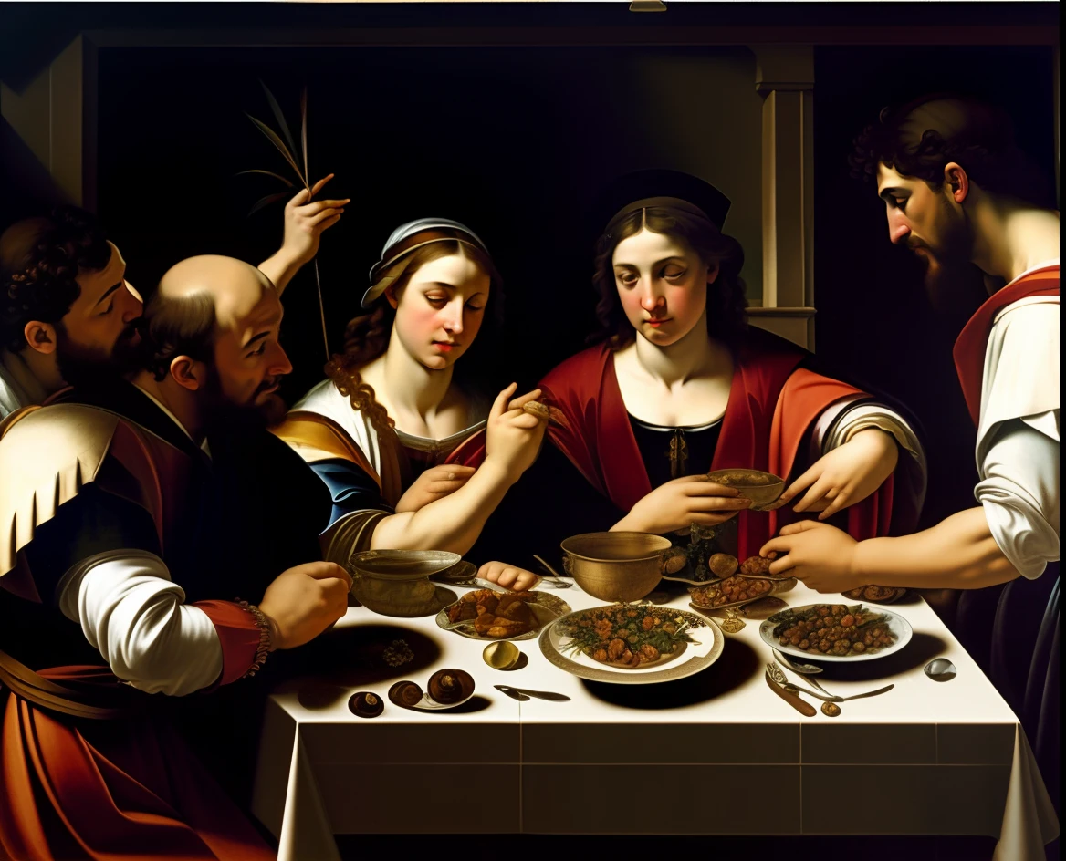 pintura de jesus e um grupo de pessoas comendo paes em uma mesa, estilo caravaggio, by Michelangelo Merisi da Caravaggio, Estilo de Caravaggio, Michelangelo da Caravaggio, Caravaggio e Artgerm, por caravaggio, Cidade de Bartolomeo, inspirado em Caravaggio, em estilo de caravaggio, Directed by: Bartolomeo Vivarini, Directed by: Giovanni Lanfranco