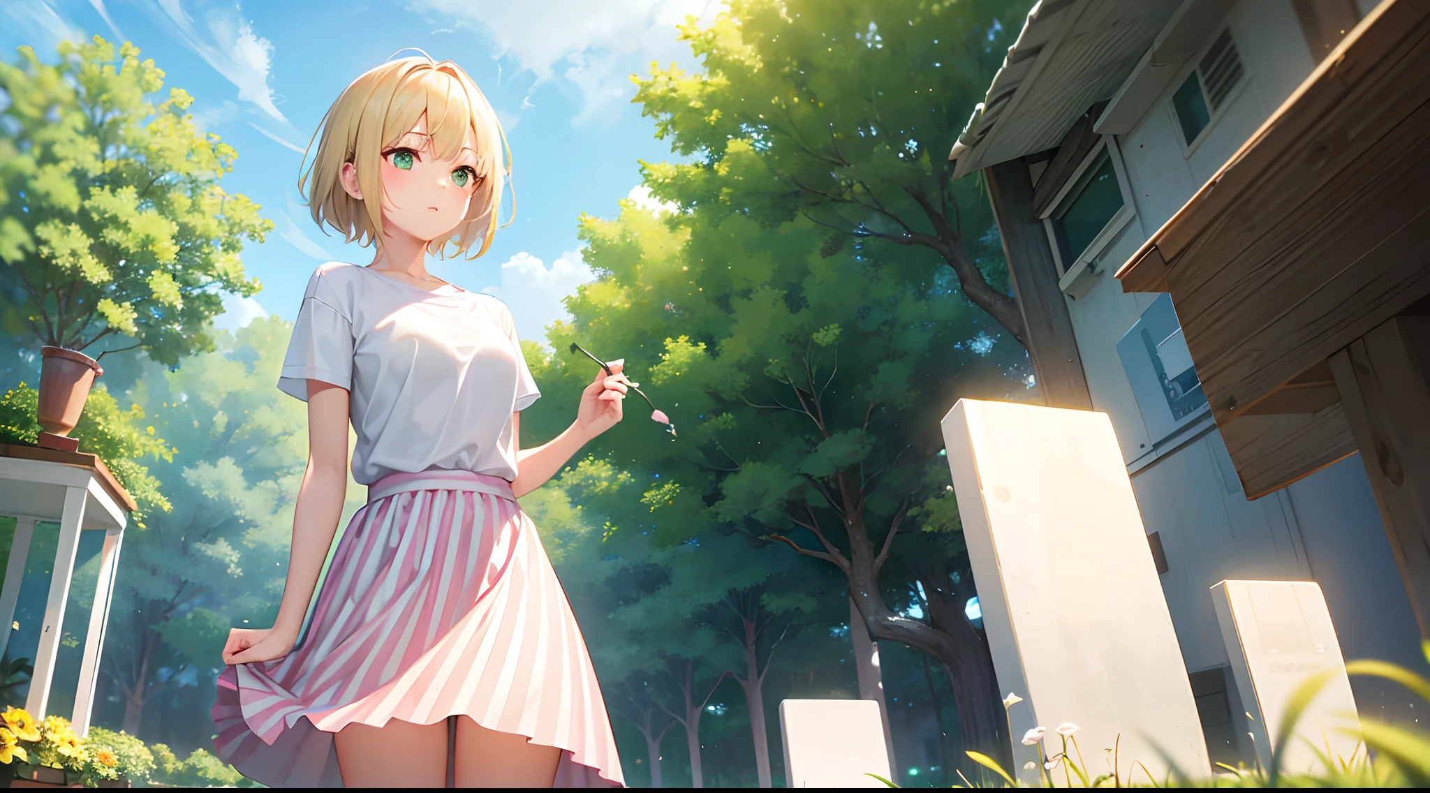 a girl picks a rose from the ground, blonde hair, short hair, green eyes, perspective from below, white slim t-shirt, pink and white striped skirt, mini skirt, high quality, ultra high resolution,