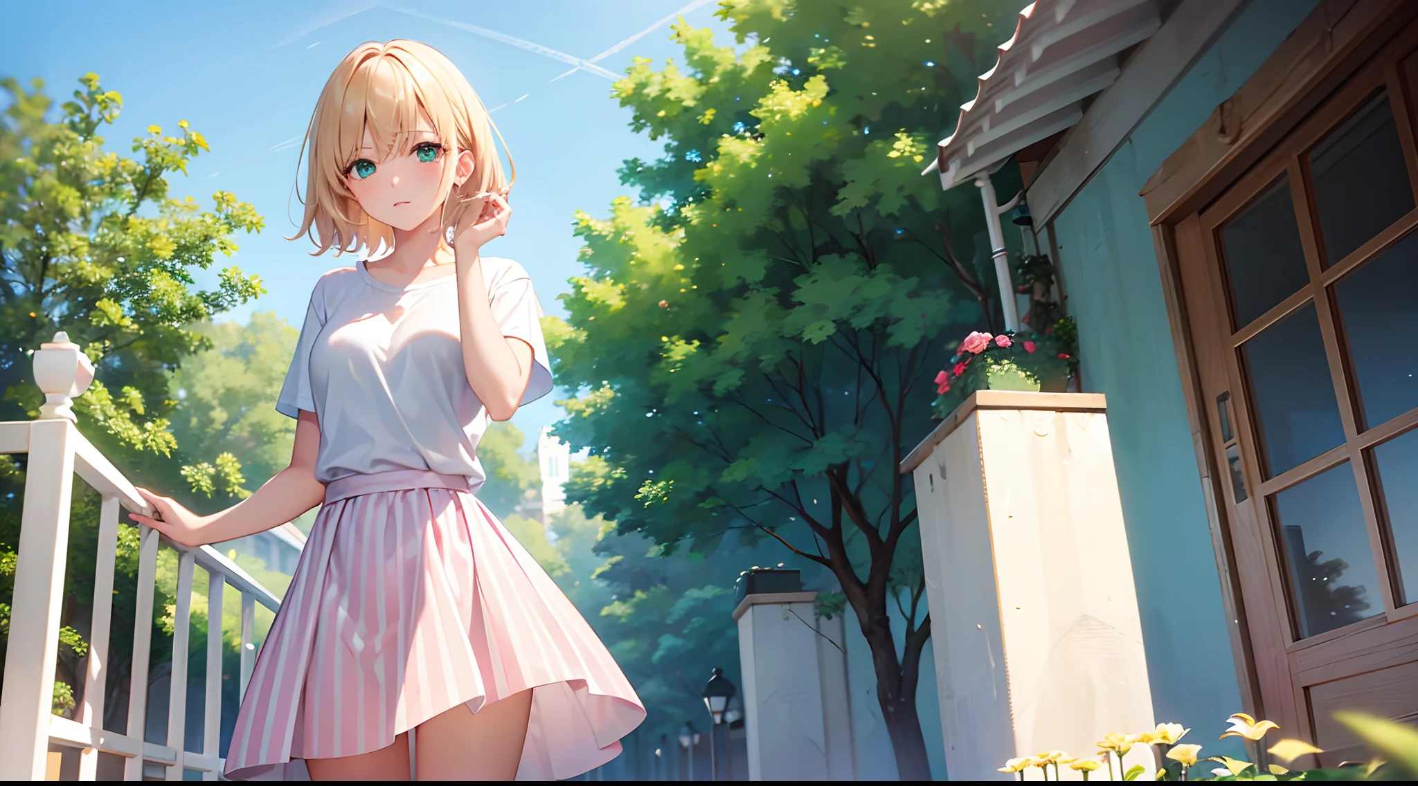 a girl picks a rose, blonde hair, short hair, green eyes, perspective from below, professional photography, white slim t-shirt, pink and white striped skirt, mini skirt, high quality, ultra high resolution,
