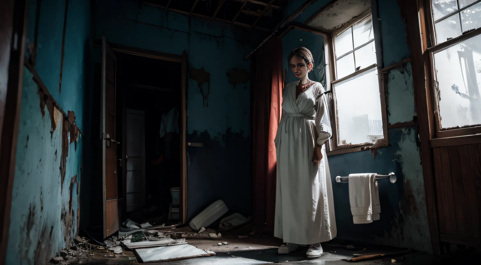 best qualtiy,Dilapidated bathroom,Scary woman,White clothes