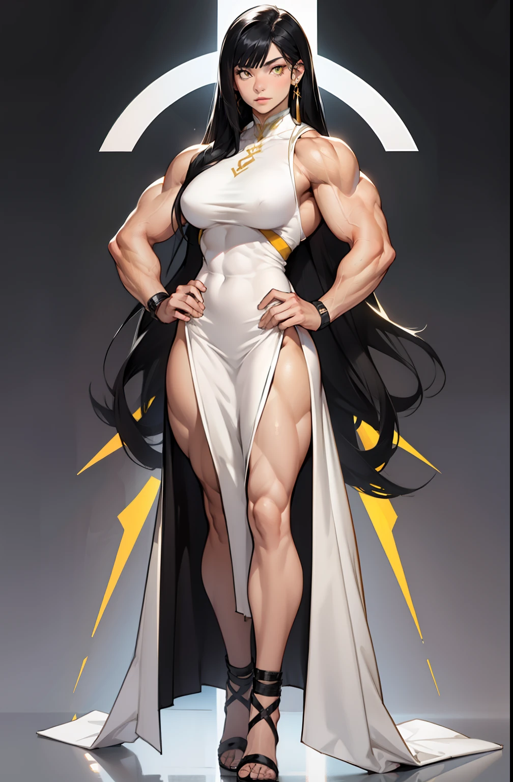 (((((1 girl))))), black hair, yellow eyes, very long hair, ((((((muscular)))))), tall, pale skin, tight dress, ((full body)), (solo)