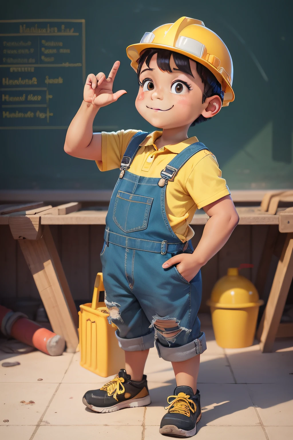 a cartoon image of a  construction worker wearing a yellow hard hat, wearing blue plumber's overalls, no glasses, gray polo shirt, professional illustration, cartoon illustration, in cartoon style, engineer, avatar for website, mascot illustration , svg illustration, Cartoon style illustration, carpenter, full body mascot, Punishment Samaniego, professional character design, animation character, high quality character design