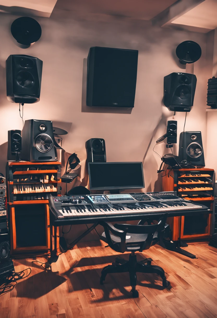 futuristic room, studio musical, acoustic foams on the walls, teto rebaixado com luzes internas, instrumento musical piano de parede, caixas de som, computador completo, homem sentado (cabelo preto curto e cacheado, homem musculoso, pele de cor parda) in the chair editing music on the computer, ultra realista, 4k, cinemactic, realismo, sem ser anime