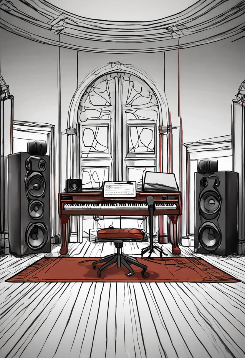 futuristic room, studio musical, acoustic foams on the walls, teto rebaixado com luzes internas, instrumento musical piano de parede, caixas de som, computador completo, homem sentado (cabelo preto curto e cacheado, homem musculoso, pele de cor parda) in the chair editing music on the computer, ultra realista, 4k, cinemactic, realismo, sem ser anime