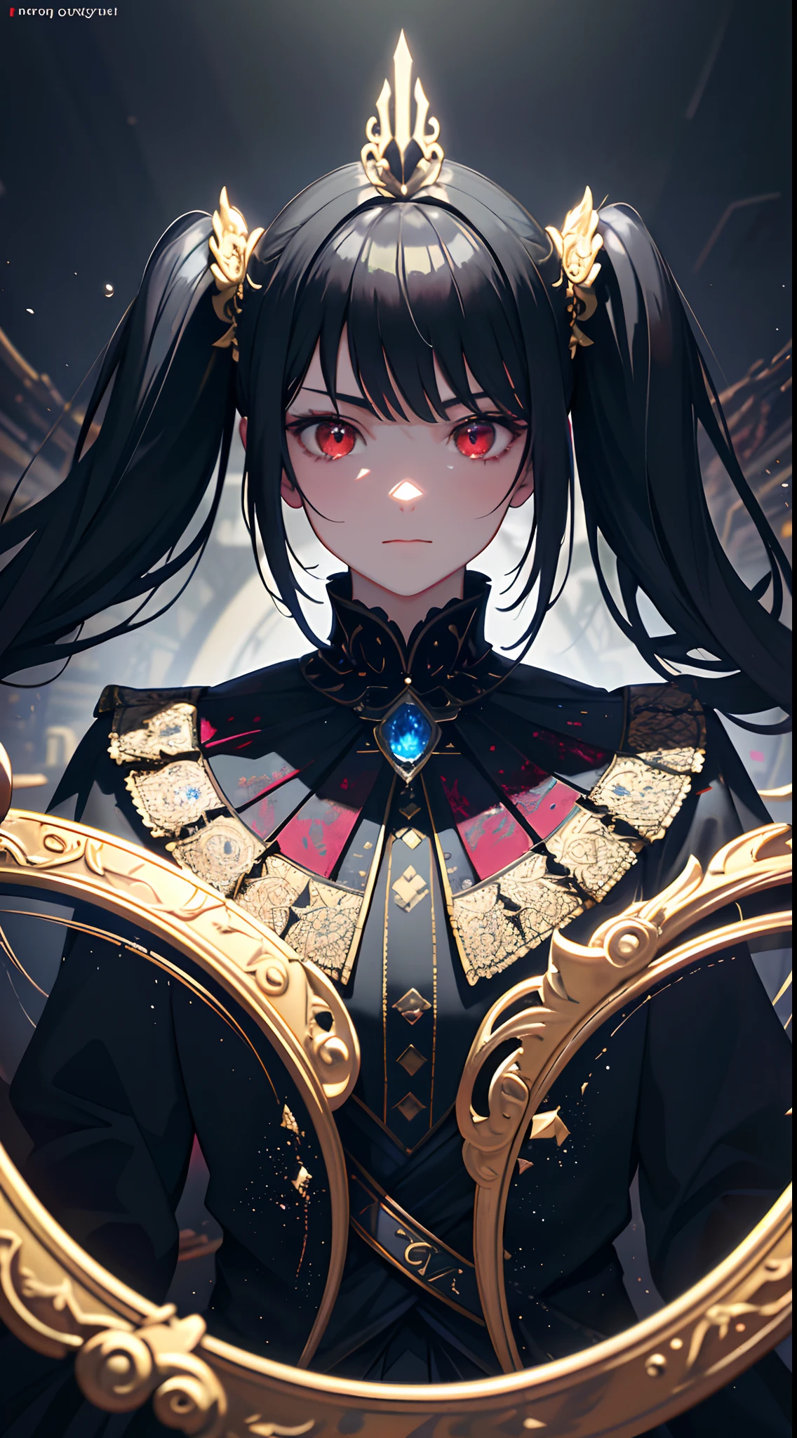 (Masterpiece, Best quality, Ultra-detailed, Best shadow), (Detailed background,Dark fantasy), (Beautiful detailed face), High contrast, (Best illumination, An extremely delicate and beautiful), ((Cinematic light)), Colorful, hyper-detailing, Dramaticlight, Intricate details, (1 girl, Solo,Black hair, sharpy face,Low Twin Tails,Red eyes, hair between eye,Dynamic Angle), blood spatter, swirling black light around character, Depth of field,Black light particles,(Broken glass),Magical Circle,