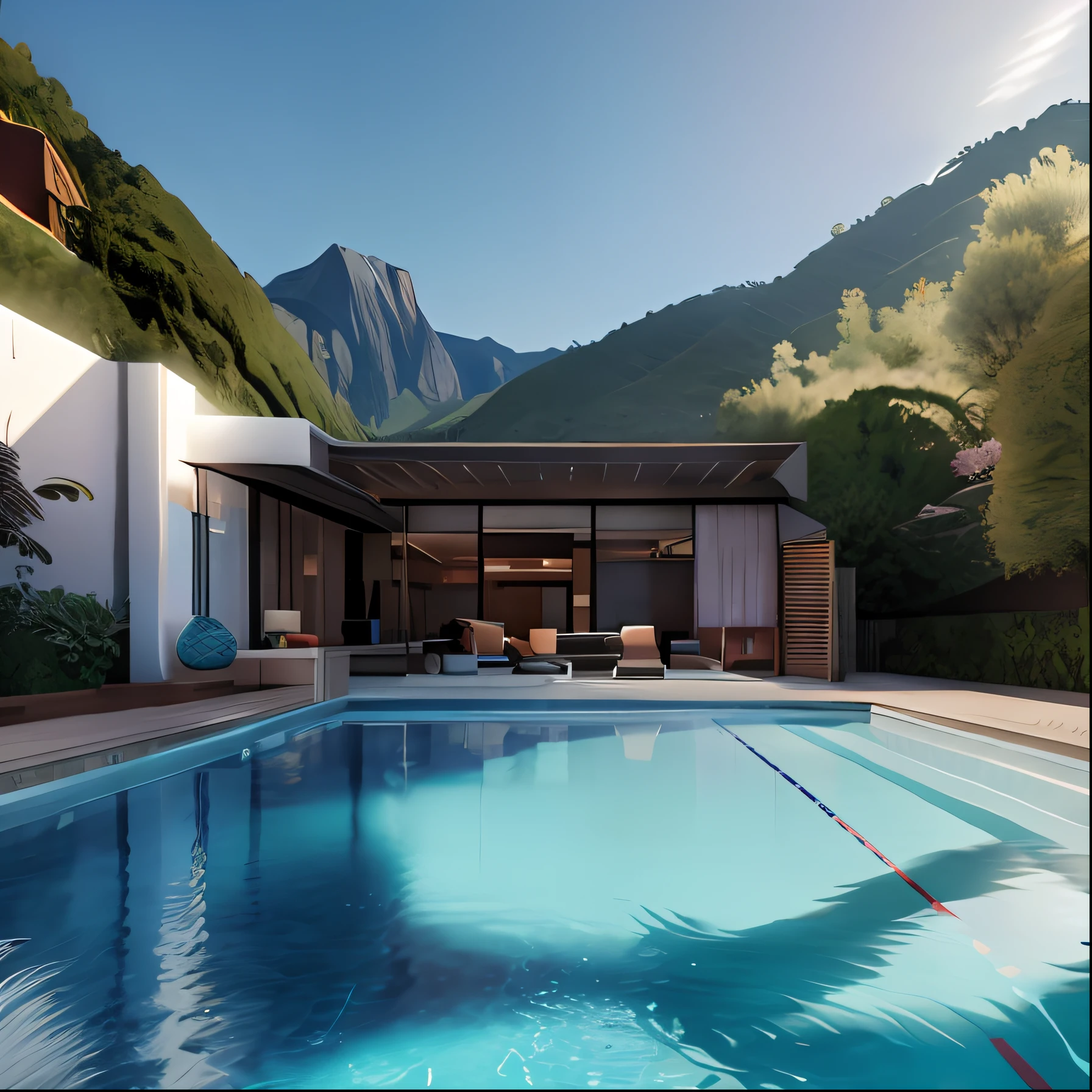 There is a swimming pool in the middle of the house,The background is a mountain, lumion render, V-Ray rendering, v - ray render, stunning render, Rendered in V-Ray, beautiful rendered, Rendered in Lumion Pro, elegant render, rendered in vray, clean render, Render in Vray, architectural render, breath-taking rendering, archviz