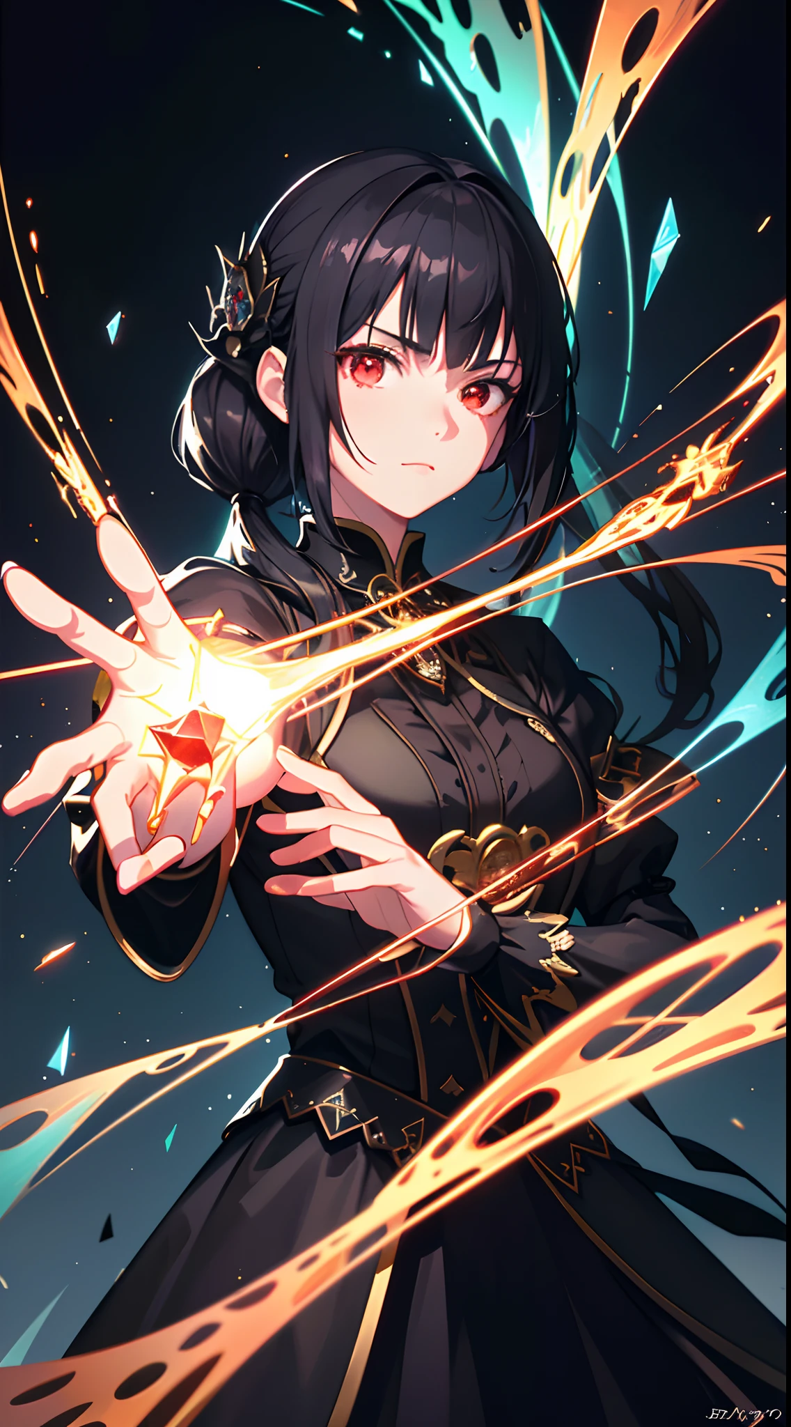 (Masterpiece, Best quality, Ultra-detailed, Best shadow), (Detailed background,Dark fantasy), (Beautiful detailed face), High contrast, (Best illumination, An extremely delicate and beautiful), ((Cinematic light)), Colorful, hyper-detailing, Dramaticlight, Intricate details, (1 girl, Solo,Black hair, sharpy face,Low Twin Tails,Red eyes, hair between eye,Dynamic Angle), blood spatter, swirling black light around character, Depth of field,Black light particles,(Broken glass),Magical Circle,