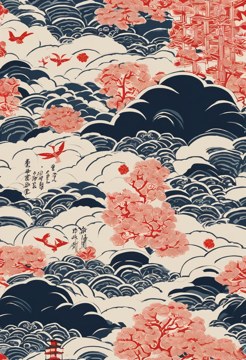 "Envision an enchanting wallpaper pattern composed of a rhythmic arrangement of iconic Japanese symbols, each adding a layer of cultural depth and significance.
The delicate sakura blossom, symbolizing renewal and fleeting beauty, is interspersed among intricate '卍' (manji) symbols, representing harmony, eternity, and the cycle of life.
Mystical 'Dragon' (ryu) dragons coil gracefully amidst swirling clouds, embodying power, transformation, and protection. The torii gate stands resolute, marking the transition from the secular to the sacred.
Elegant kanji characters '愛' (ai) for love, 'Courage' (yuuki) for courage, and 'Peace' (heiwa) for peace, seamlessly integrate into the design, adding profound meaning.
A tranquil pond reflects the moon's serene glow, adorned with '鶴' (tsuru) cranes, symbols of longevity and good fortune. Beneath the surface, 'Sea' (umi) waves ebb and flow, representing life's constant changes.
Bamboo shoots, a representation of resilience and growth, rise gracefully amid the composition. Lanterns sway gently, casting warm illumination and symbolizing guidance.
The color palette harmonizes deep indigos, tranquil blues, and soft whites, creating a sense of serenity and reverence. This intricate wallpaper pattern is a visual journey through the layers of Japanese symbolism, inviting you to immerse yourself in their wisdom and beauty."