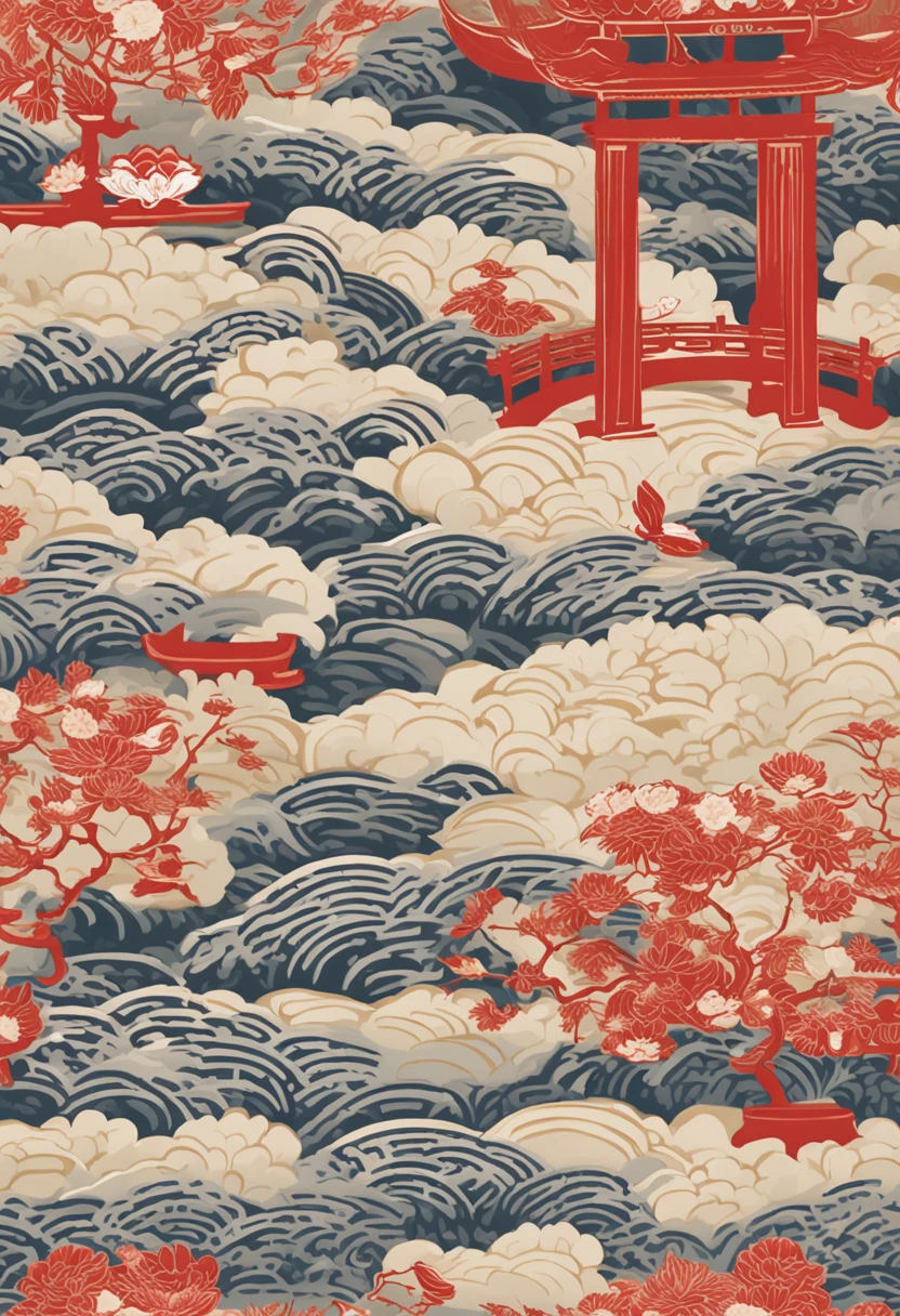 "Envision an enchanting wallpaper pattern composed of a rhythmic arrangement of iconic Japanese symbols, each adding a layer of cultural depth and significance.

The delicate sakura blossom, symbolizing renewal and fleeting beauty, is interspersed among intricate '卍' (manji) symbols, representing harmony, eternity, and the cycle of life.

Mystical 'Dragon' (ryu) dragons coil gracefully amidst swirling clouds, embodying power, transformation, and protection. The torii gate stands resolute, marking the transition from the secular to the sacred.

Elegant kanji characters '愛' (ai) for love, 'Courage' (yuuki) for courage, and 'Peace' (heiwa) for peace, seamlessly integrate into the design, adding profound meaning.

A tranquil pond reflects the moon's serene glow, adorned with '鶴' (tsuru) cranes, symbols of longevity and good fortune. Beneath the surface, 'Sea' (umi) waves ebb and flow, representing life's constant changes.

Bamboo shoots, a representation of resilience and growth, rise gracefully amid the composition. Lanterns sway gently, casting warm illumination and symbolizing guidance.

The color palette harmonizes deep indigos, tranquil blues, and soft whites, creating a sense of serenity and reverence. This intricate wallpaper pattern is a visual journey through the layers of Japanese symbolism, inviting you to immerse yourself in their wisdom and beauty."