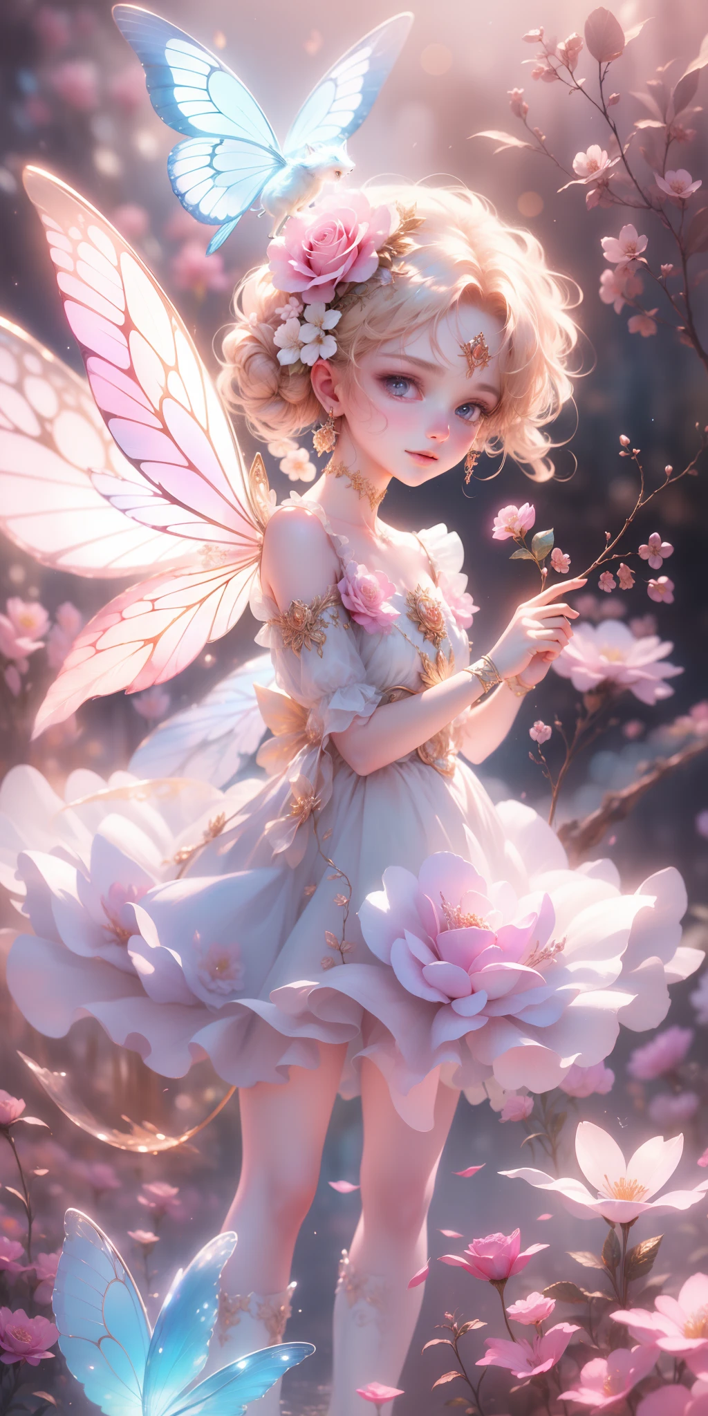 Beautiful transparent flower fairy baby, Transparent colorful wings, The wand flutters in the wind、The wand flashed with starlight,golden wand,Beautiful blue sky and white clouds、Girls have transparent wings、kindly smile、Beautiful garden background、Gentle and transparent,anatomy correct, Delicate pattern,Pink rose space, Soft lighting, ( bokeh),Masterpiece, Super detailed, Epic composition, Highest quality, 8K,Epic romantic fantasy digital art,Epic fairy tale fantasy digital art,Mythological fantasy,UHD resolution,Detailed detail drawing,realisticlying,Very realistic,cinmatic lighting,an award winning photograph,rich colours,hyper realistic lifelike texture,Dramatic lighting fairy
