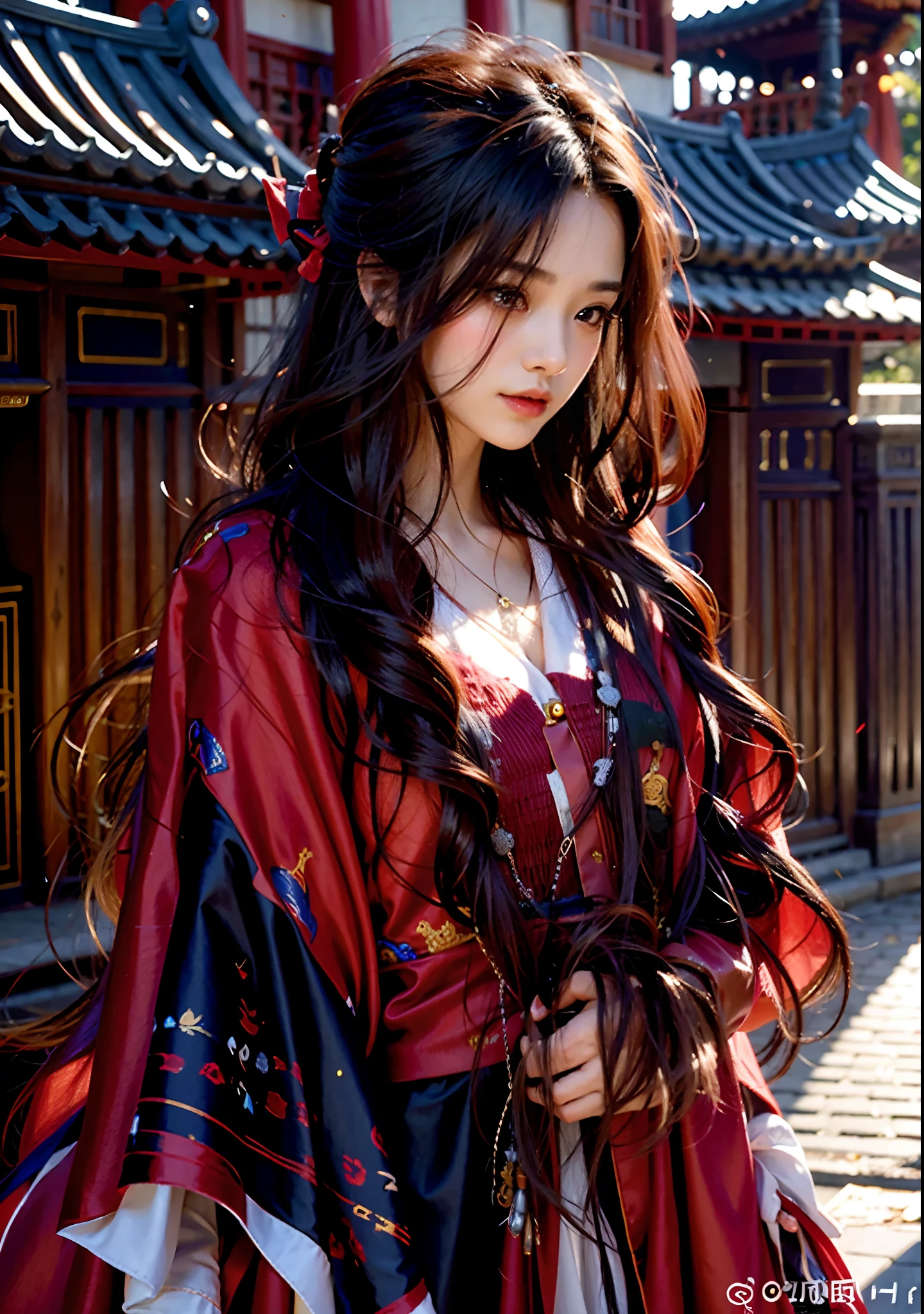 a woman with long hair wearing a red dress and a shawl, flowing hair and long robes,  girl with long hair, palace ， a girl in hanfu, guweiz, beautiful character painting, artwork in the style of guweiz, beautiful anime portrait, beautiful anime girl, long hair girl, dressed with long fluent clothes, beautiful digital artwork