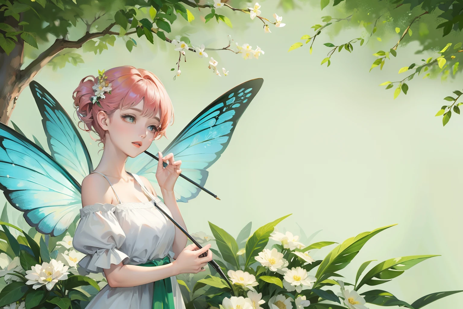 Flower fairy, Transparent colorful wings, Magic wand，The background is forest，fresh flowers，green trees，Outstanding quality，illustration，8k，High definition