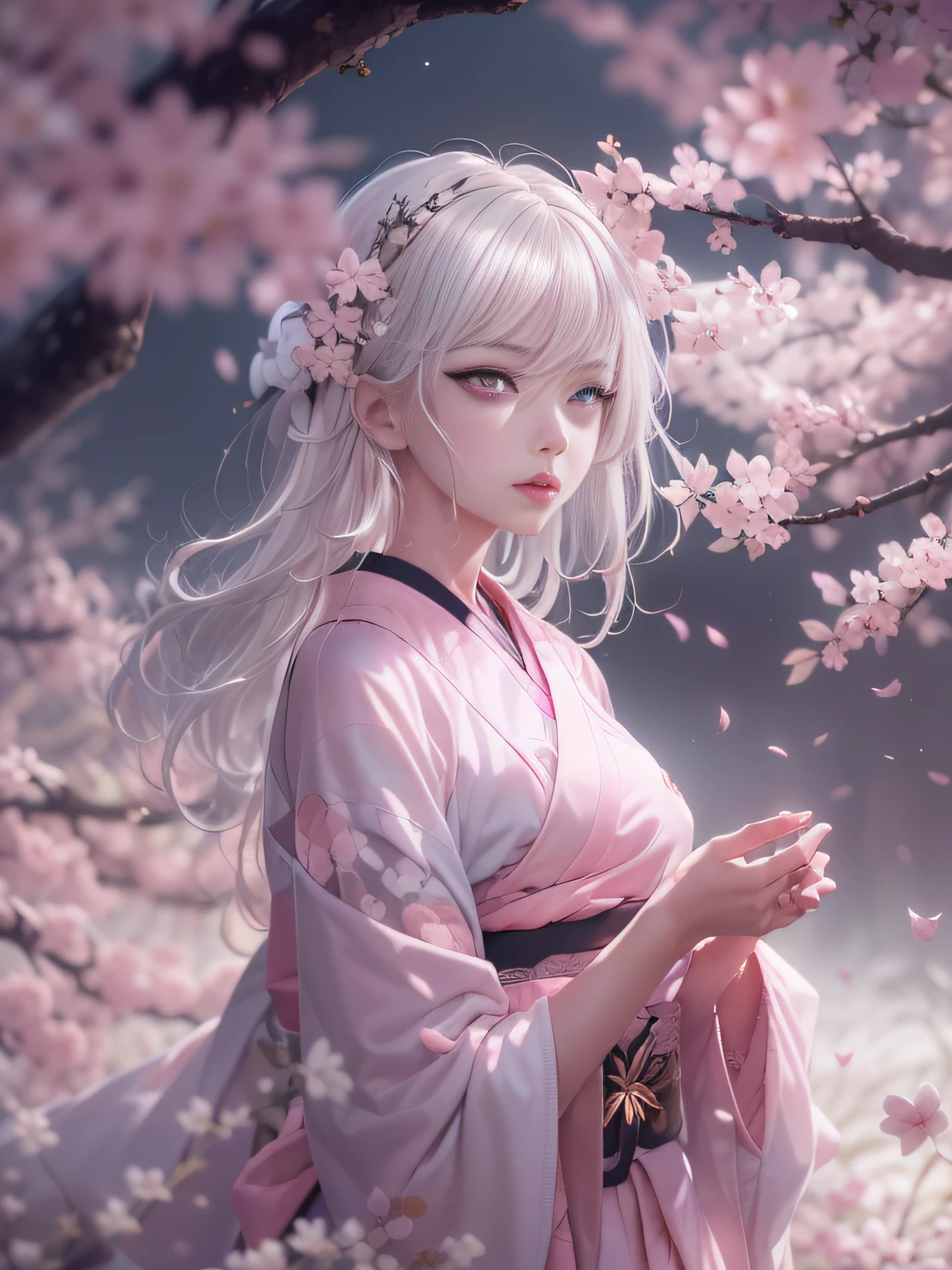 Super beautiful photo，Woman with long hair and a cherry crown on her head, ((Pink eyes:1.7))，covering ears，Beautiful anime girl, beautiful anime woman, beautiful anime style, Beautiful Anime Portrait, ethereal beauty, Beautiful anime, guweiz, ((a beautiful fantasy empress)), Beautiful attractive woman, anime goddess, A beautiful maiden, artwork in the style of guweiz、(Plain and white kimono:1.4)，(White attire:1.4),Pink gradient from the hem of the kimono to the top，Woman standing under old cherry blossoms in full bloom，Mysterious Woman,mystic atmosphere，((small tits,Whitehair:1.5)),The effect of scattered cherry blossom petals:1.7，Cool light color lighting，Pale pink light illuminates from behind，The beauty of cherry blossoms at night，moon light,Effects of fantasy movies,Ethereal cherry blossoms，