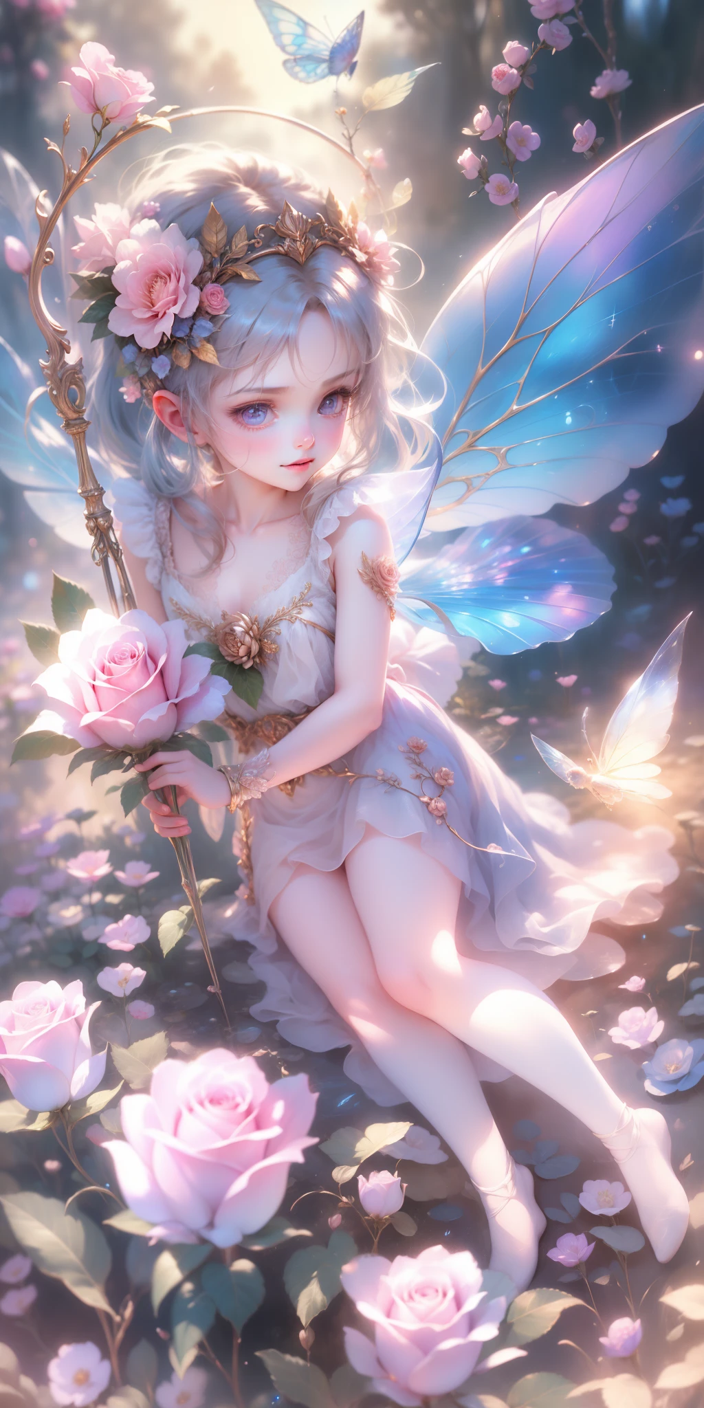 Beautiful transparent flower fairy , Transparent colorful wings, The wand flutters in the wind、The wand flashed with starlight,Golden wand,Beautiful blue sky and white clouds、Girls have transparent wings、kindly smile、Beautiful garden background、Gentle and transparent,anatomy correct, Delicate pattern,Pink rose space, Soft lighting, ( Bokeh),Masterpiece, Super detailed, Epic composition, Highest quality, 8K,Epic romantic fantasy digital art,Epic fairy tale fantasy digital art,Mythological fantasy,UHD resolution,Detailed detail drawing,realisticlying,Very realistic,cinmatic lighting,an award winning photograph,rich colours,hyper realistic lifelike texture,dramatic lighting