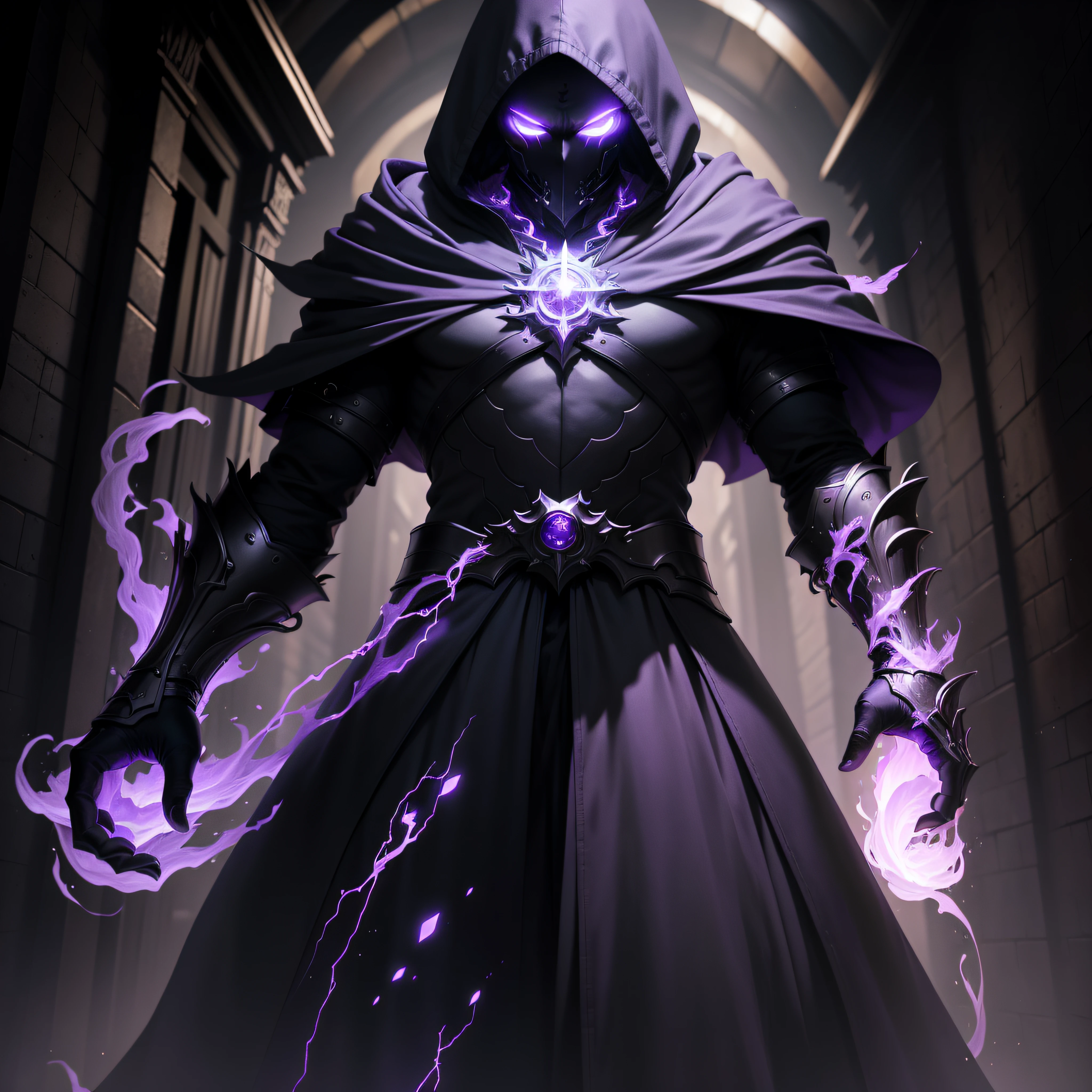 (ultra-detailed CG unity 8k wallpaper, masterpiece, best quality, depth of field, HDR, intricate), a pure shadow in dark and purple glowing cloak with purple glowing eyes(man) wearing a black hood with purple fire in his hands walking in a pitch black hallway dimly lit fire with purple energy surrounding, dark background, imposing, meticulously composed photos, impressive, dark fantasy, not showing body features, very tall and menacing