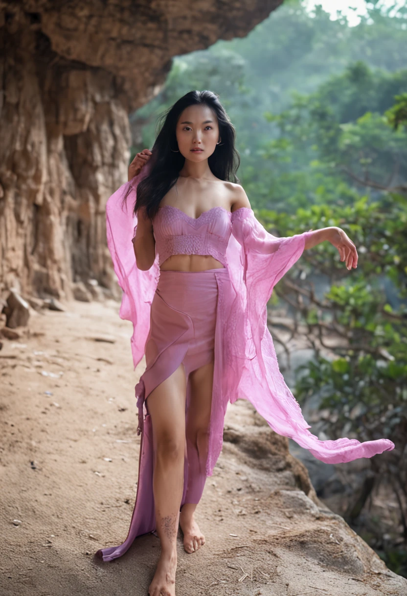 Asian girl with long black hair,Owner fair skin,Bare upper body,On the sandy beach,The eyes are as dark as night。Wearing a pink bikini,