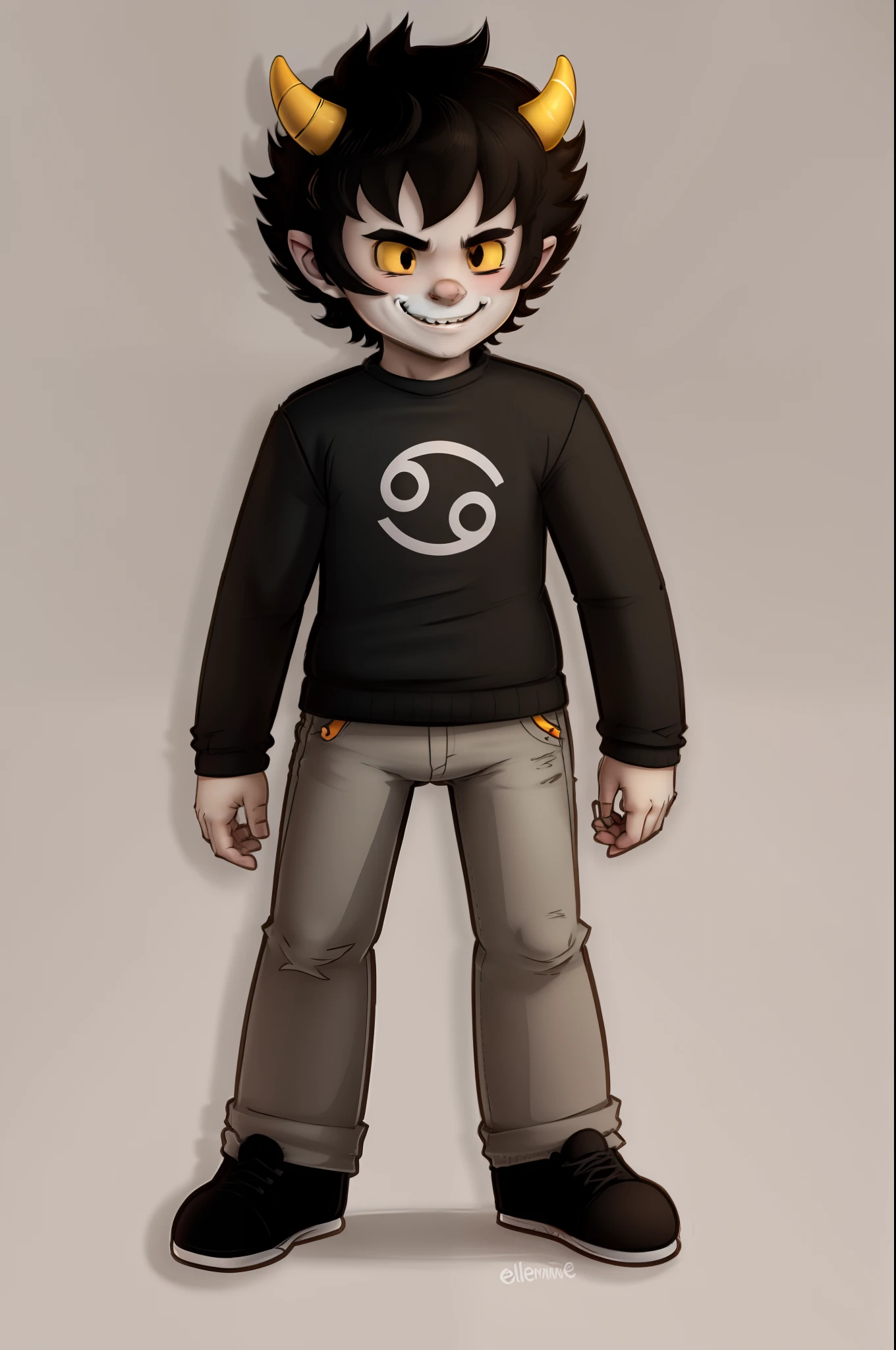 chibi,full body,standing,Karkat Vantas, parper mario style, smile,horn