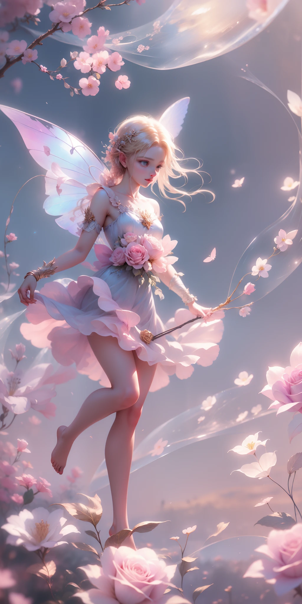 Beautiful transparent flower fairy , Transparent colorful wings, The wand flutters in the wind、The wand flashed with starlight,Golden wand,Beautiful blue sky and white clouds、Girls have transparent wings、kindly smile、Beautiful garden background、Gentle and transparent,anatomy correct, Delicate pattern,Pink rose space, Soft lighting, ( Bokeh),Masterpiece, Super detailed, Epic composition, Highest quality, 8K,Epic romantic fantasy digital art,Epic fairy tale fantasy digital art,Mythological fantasy,UHD resolution,Detailed detail drawing,realisticlying,Very realistic,cinmatic lighting,an award winning photograph,rich colours,hyper realistic lifelike texture,dramatic lighting