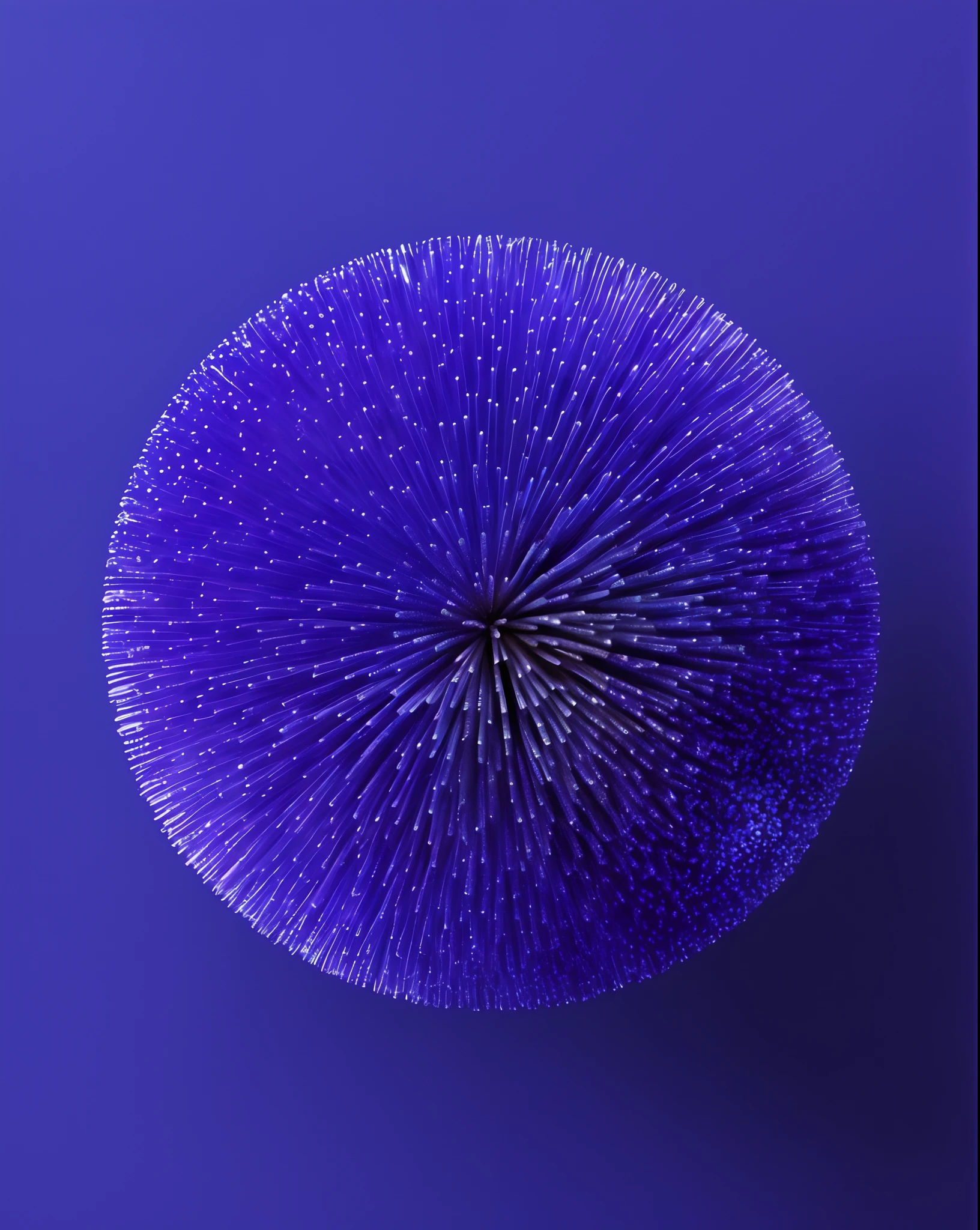 purple flower with white dots on it on a blue background, full of ferrofluid, inspired by Yves Klein, purple and blue, blue and purple, ballpoint, sphere, violet planet, thin blue arteries, satisfying render, colorful ferrofluid armor, blue realistic 3 d render, pollen, purple volumetric lighting, made of ferrofluid, blue particles