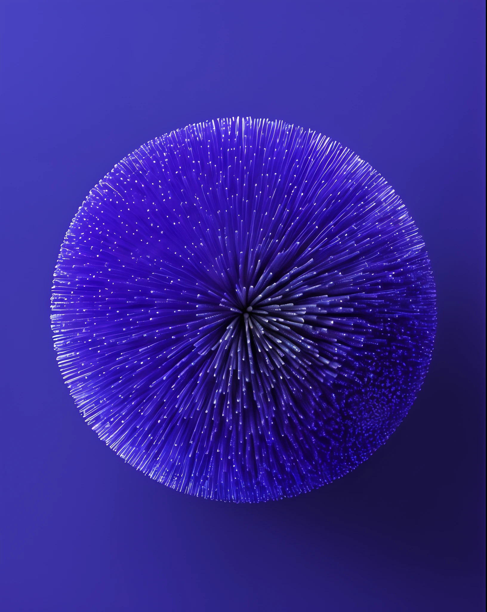 purple flower with white dots on it on a blue background, full of ferrofluid, inspired by Yves Klein, purple and blue, blue and purple, ballpoint, sphere, violet planet, thin blue arteries, satisfying render, colorful ferrofluid armor, blue realistic 3 d render, pollen, purple volumetric lighting, made of ferrofluid, blue particles