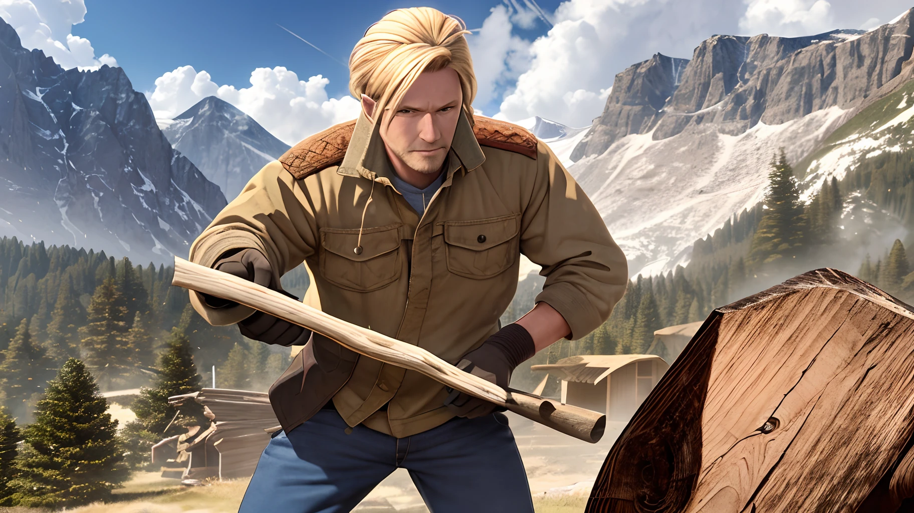 blond man, 35 years, chopping wood ex military in mountains , HQ, Full HD, realistic, 3d, 8k --auto --s2