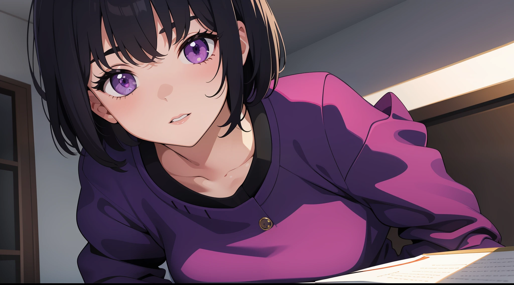 {{masterpiece}}, {{{best quality}}}, {{ultra-detailed}}, {{illustration}}, {{{1girl}}}, short hair,purple eyes,black hair,