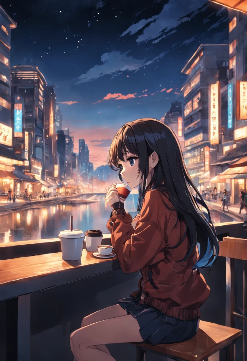 Girl drinking coffee at café with night view of city