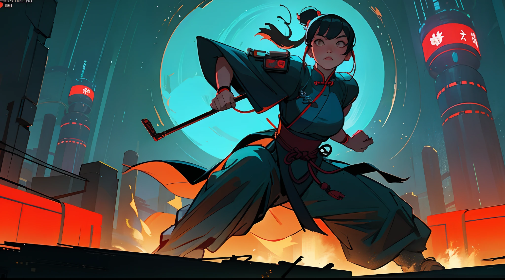 A traditional Chinese monk girl is in a fighting position waiting to be attacked by her enemies, she is surrounded by the enemies, she is in a Chinese futuristic cyberpunk city, nightfall, glowing lights, dynamic composition, volumetric lights, ultra definition, ultra resolution, masterpiece, intricate details