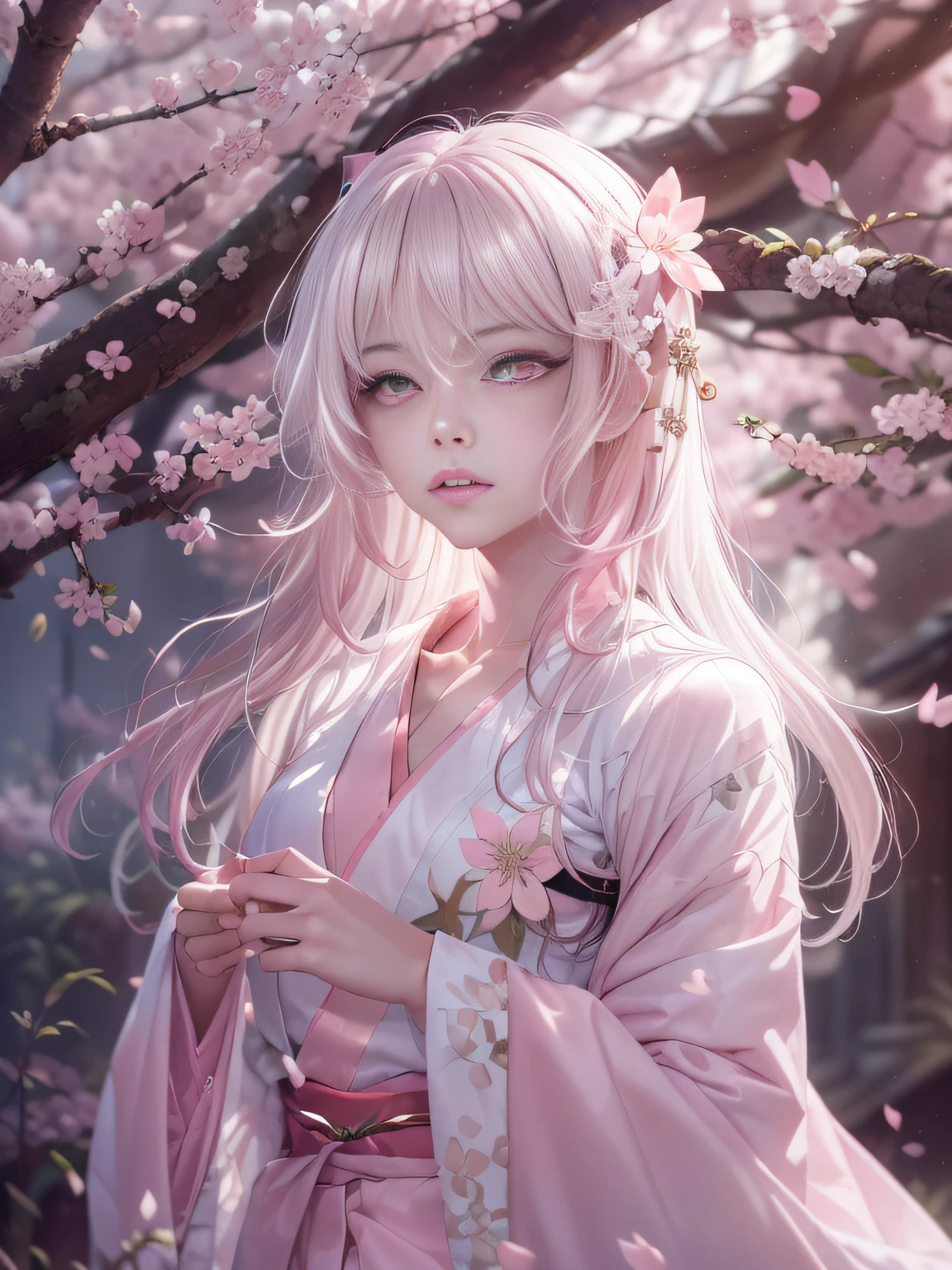 Super beautiful photo，Woman with long hair and a cherry crown on her head, ((Pink eyes:1.7))，covering ears，Beautiful anime girl, beautiful anime woman, beautiful anime style, Beautiful Anime Portrait, ethereal beauty, Beautiful anime, guweiz, ((a beautiful fantasy empress)), Beautiful attractive woman, anime goddess, A beautiful maiden, artwork in the style of guweiz、(Plain and white kimono:1.4)，(White attire:1.4),Pink gradient color from the hem of the kimono to the top，Woman standing under old cherry blossoms in full bloom，Mysterious Woman,mystic atmosphere，(small tits),((Whitehair:1.5)),The effect of scattered cherry blossom petals:1.7，Cool light color lighting，Pale pink light illuminates from behind，The beauty of cherry blossoms at night，moon light,Effects of fantasy movies,Ethereal cherry blossoms，
