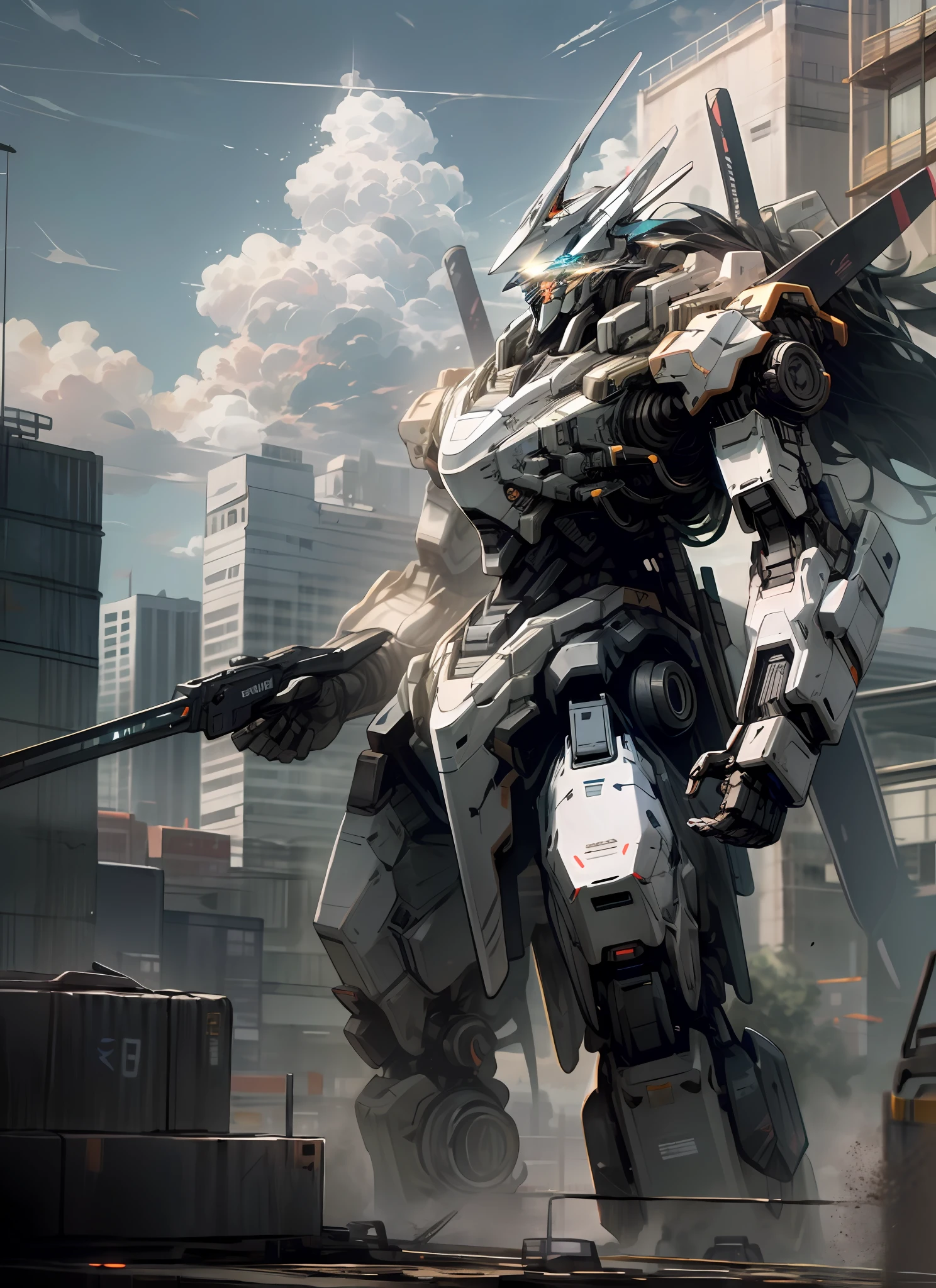 sky, cloud, holding_weapon, no_humans, glowing, , robot, building, glowing_eyes, mecha, science_fiction, city, realistic,mecha