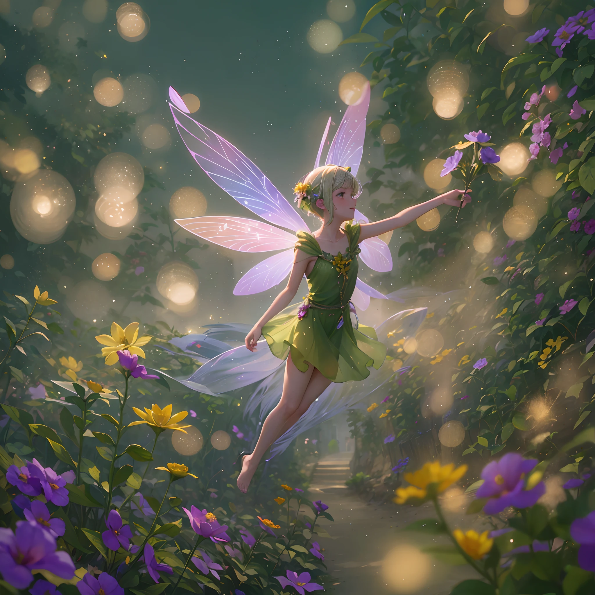 1 Flower fairies flying in the air,full bodyesbian,in a panoramic view,Multicolored transparent wings,Soft light,Bokeh,tmasterpiece,Ray traching,Cinematic lighting effects