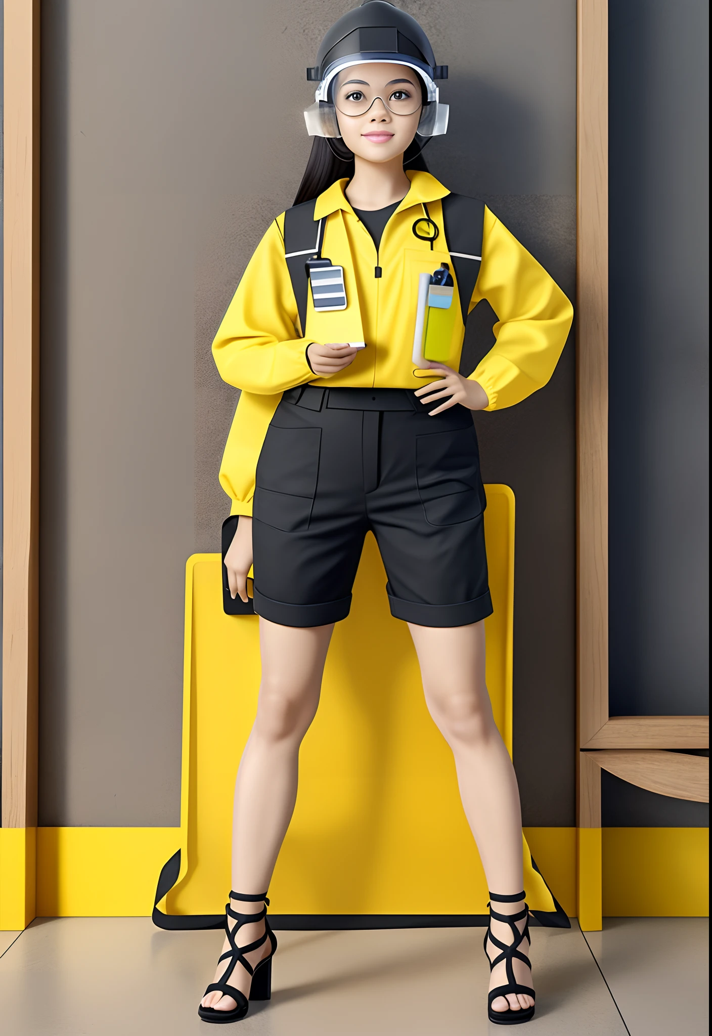 cute, , brown eyes, long black hair, Work Safety Technician uniform with high heel sandals, holding clipboard, wearing yellow PPE helmet, with yellow PPE vest, PPE goggles, full body, minimalist design, Disney, Pixar , Full HD , realistic, 3d, 8k, -v5:2 --auto --s2