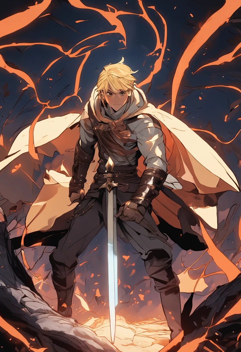 A blonde young man wielding a large sword of light is cutting through demons