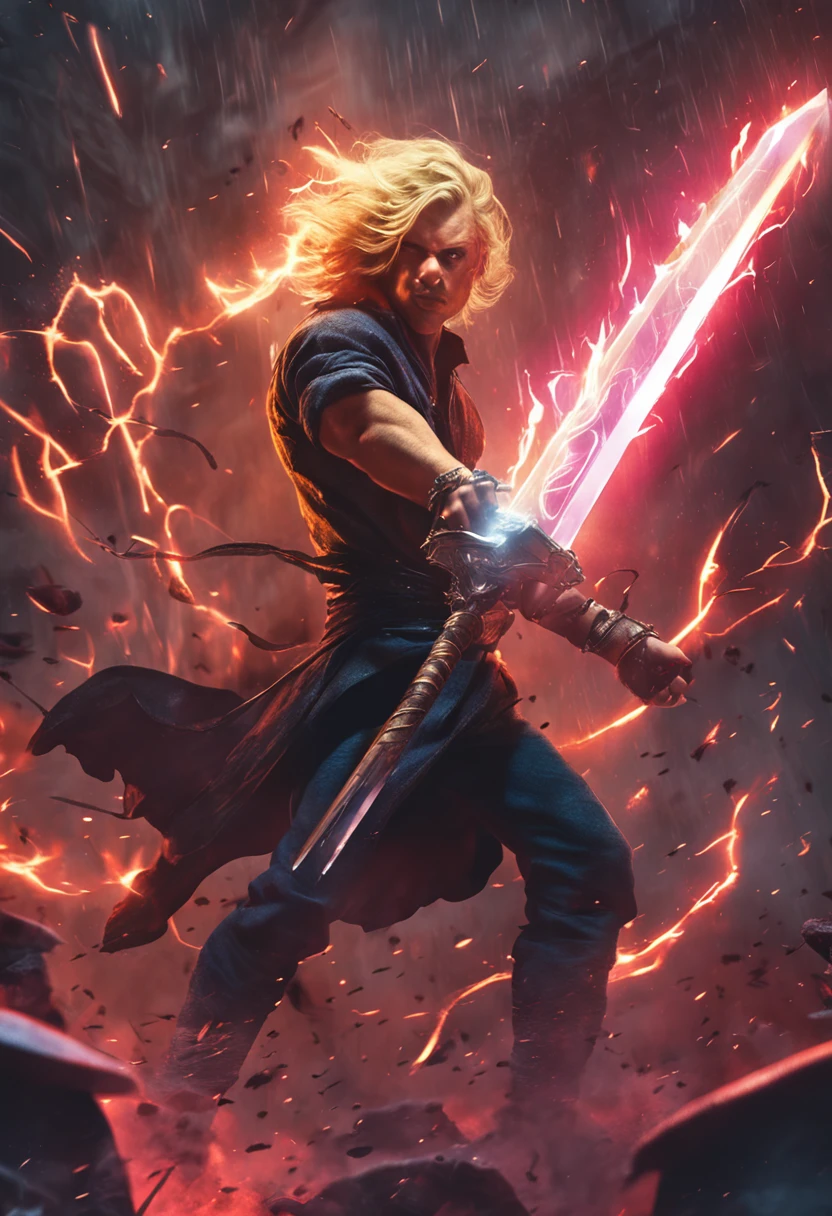 A blonde young man wielding a large sword of light is cutting through demons