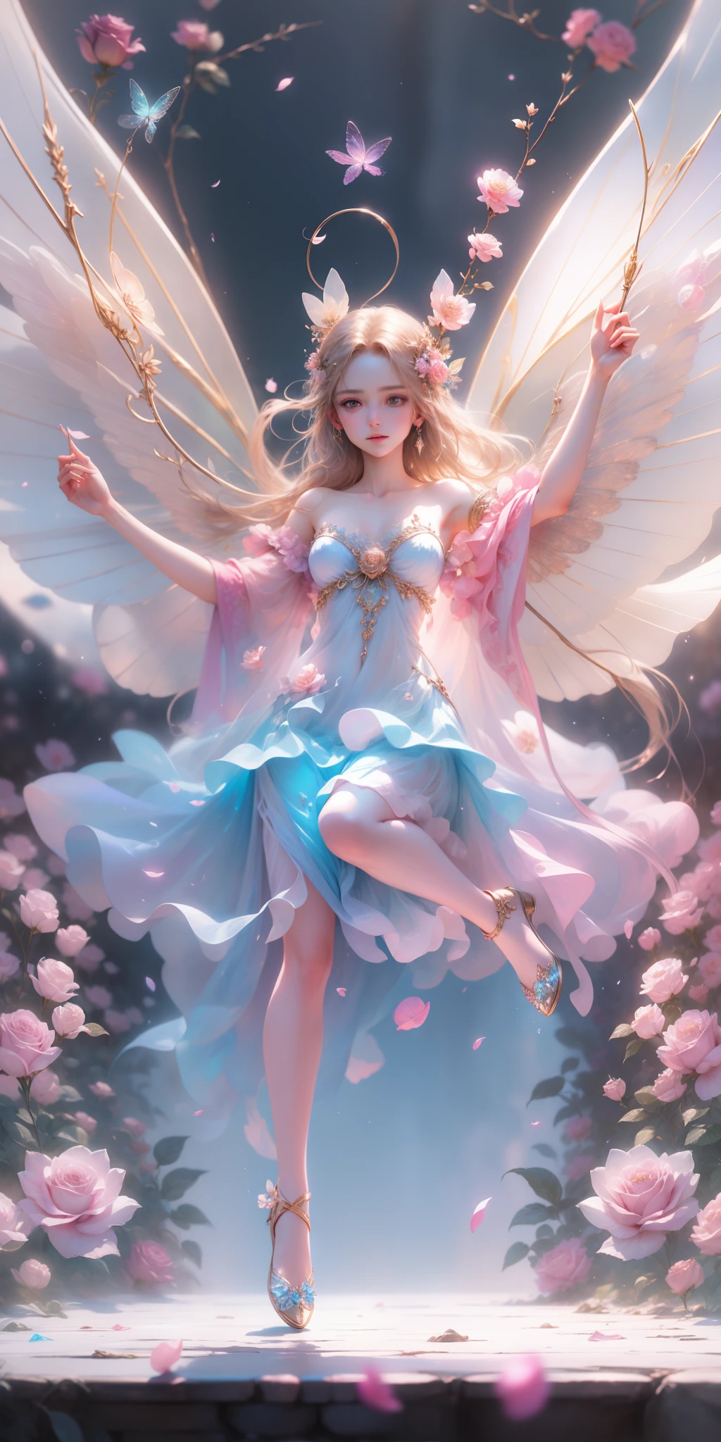 Beautiful transparent flower fairy , Transparent colorful wings, The wand flutters in the wind、The wand flashed with starlight,Golden wand,Beautiful blue sky and white clouds、Girls have transparent wings、kindly smile、Beautiful garden background、Gentle and transparent,anatomy correct, Delicate pattern,Pink rose space, Soft lighting, ( Bokeh),Masterpiece, Super detailed, Epic composition, Highest quality, 8K,Epic romantic fantasy digital art,Epic fairy tale fantasy digital art,Mythological fantasy,UHD resolution,Detailed detail drawing,realisticlying,Very realistic,cinmatic lighting,an award winning photograph,rich colours,hyper realistic lifelike texture,dramatic lighting