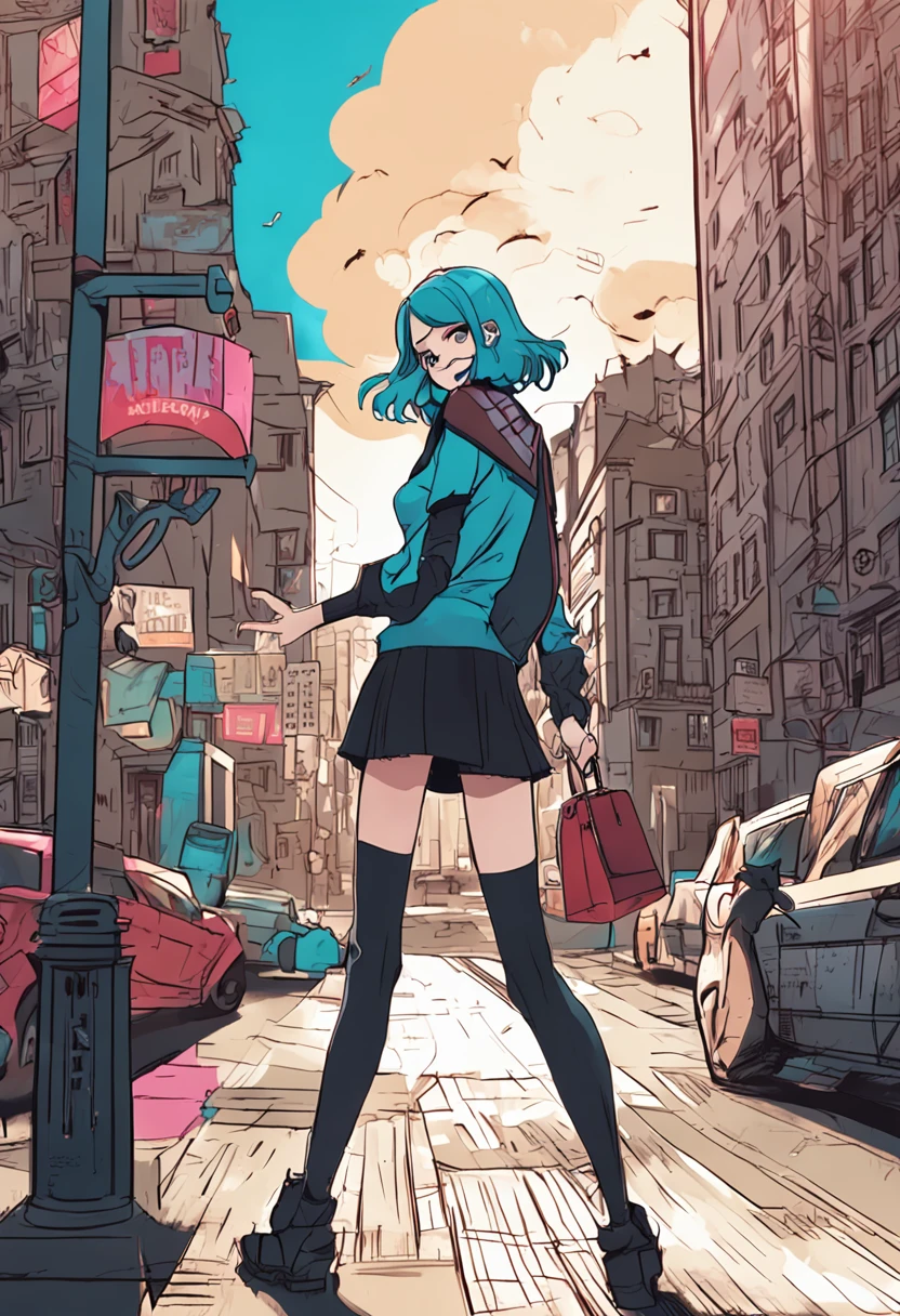 Jinx, One girl in the photo, Anime style, personage, blue hair, Slim, White Topic, Black Short Skirt, black stockings, An insidious smile, walks around the city, in full height