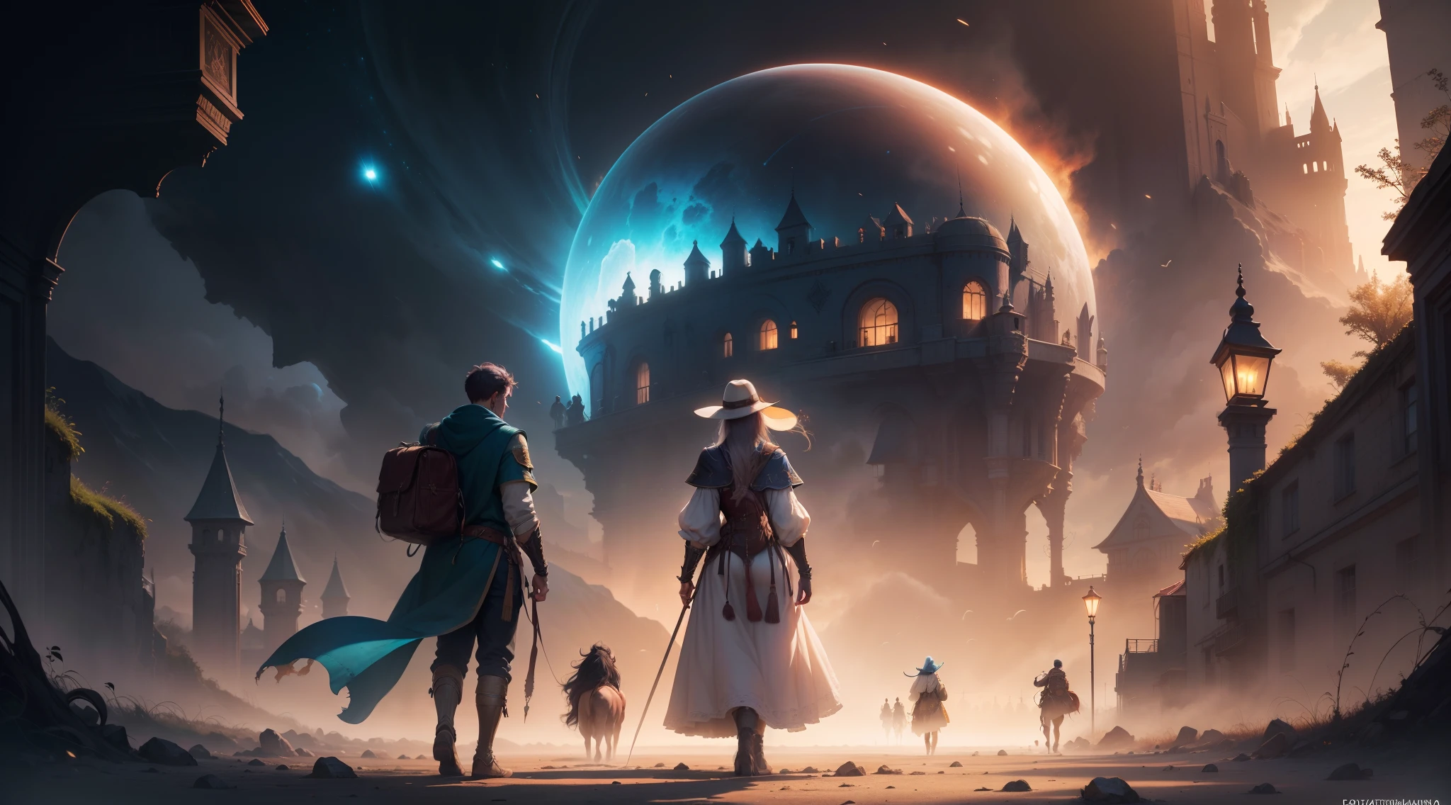 uma imagem de paisagem de obra-prima, desenhando um casal hiperdetalhado caminhando na vila medieval, Back view, vila espacial, fantasia, World of dungeons and dragons, art-station, detalhes intrincados, cores complementares, arte conceitual de fantasia, 8K resolution, obra-prima do deviantart, gotejamento de tinta, artes de salpicos, Motor irreal, Greg Rutkowski, Loish, RHADS, Bipe, Makoto Shinkai e Lois Van Baarle, Ilya Kuvshinov, Horse, tom bagshaw, Alphonse Mucha, global ilumination, ambiente detalhado e intrincado, (fotorrealista:1.4), best quality, ultra high-resolution, perfect composition