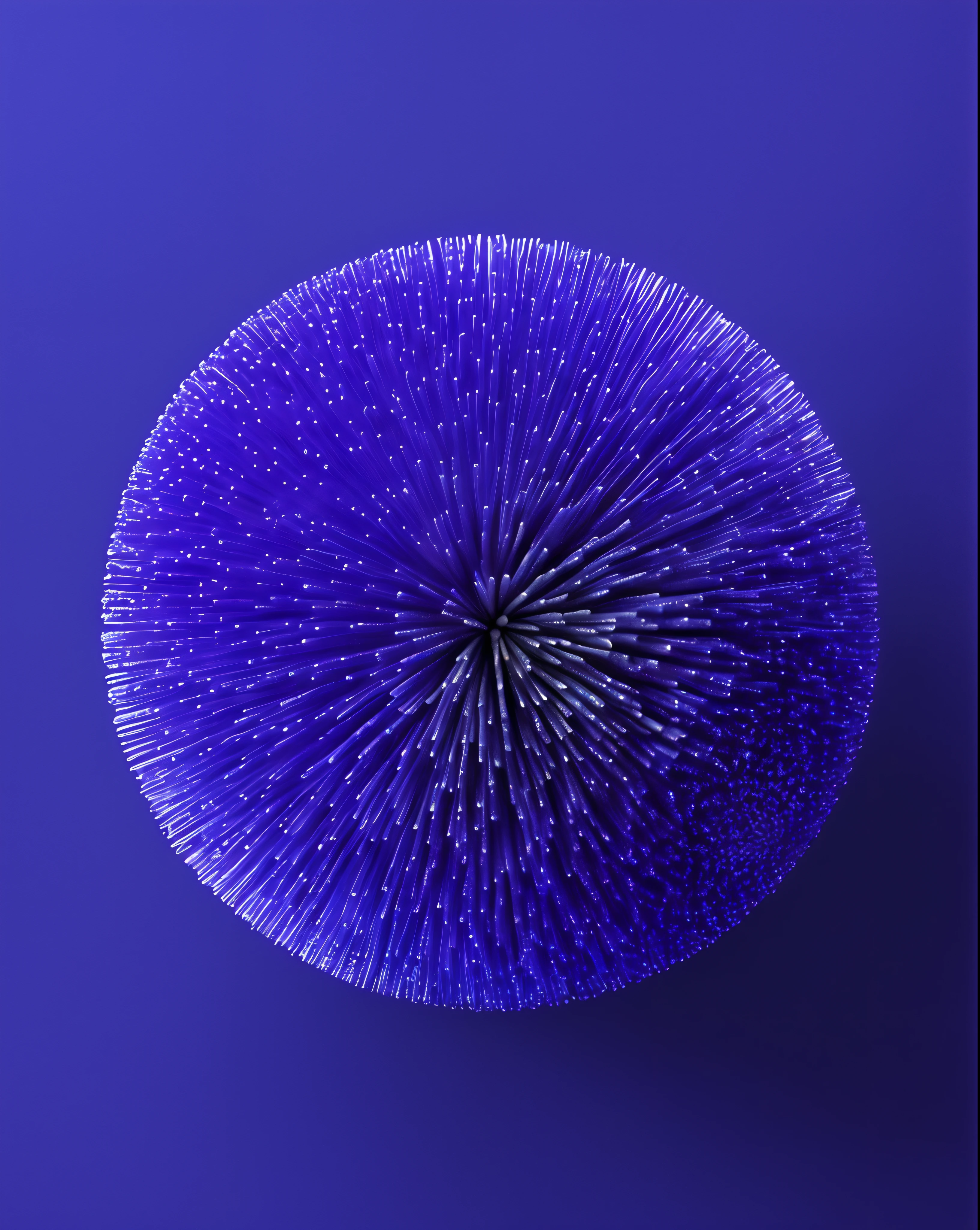 purple flower with white dots on it on a blue background, full of ferrofluid, inspired by Yves Klein, purple and blue, blue and purple, ballpoint, sphere, violet planet, thin blue arteries, satisfying render, colorful ferrofluid armor, blue realistic 3 d render, pollen, purple volumetric lighting, made of ferrofluid, blue particles
