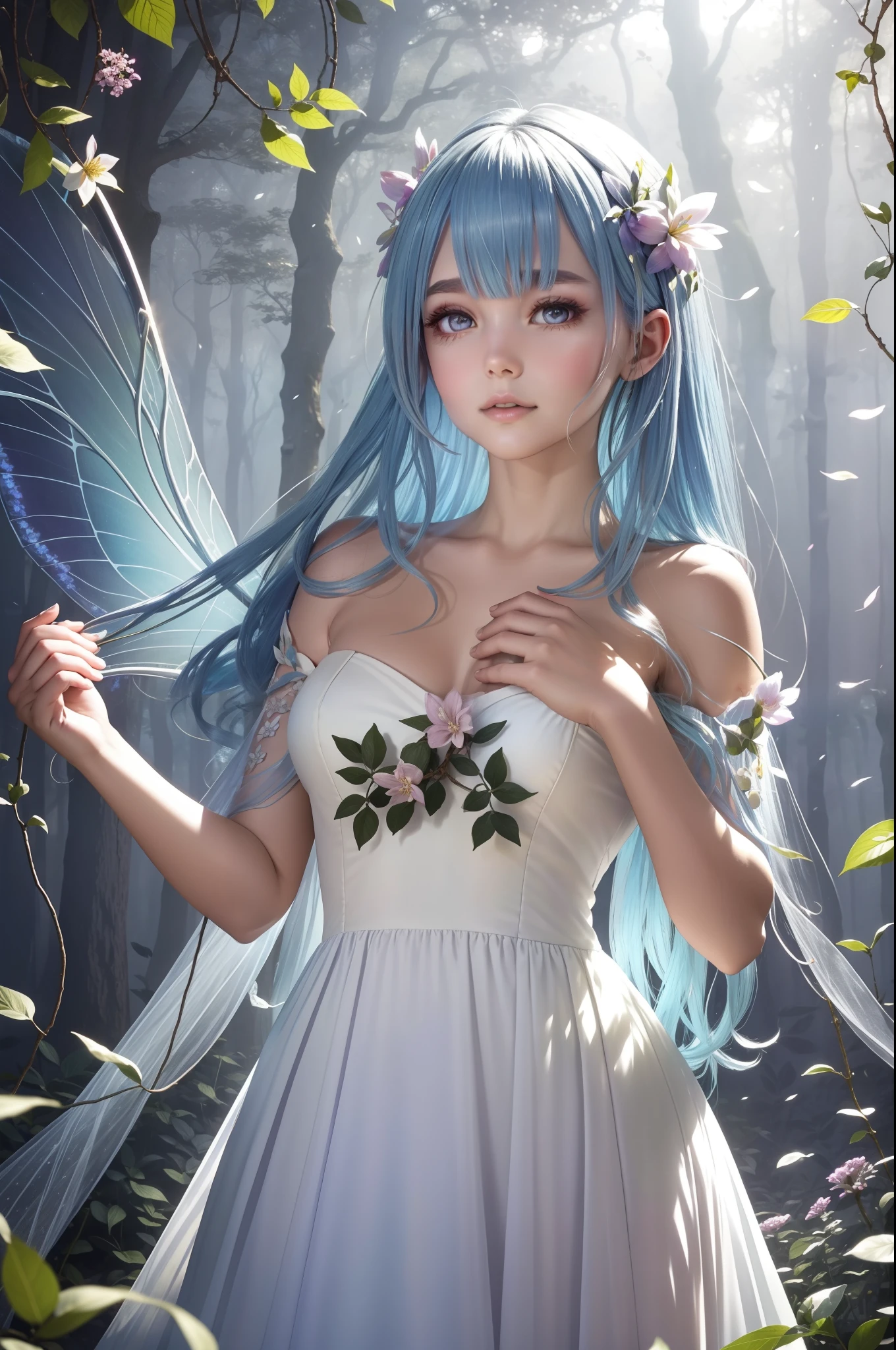 Craft an enchanting image featuring a floral fairy as the central focus. Picture a whimsical woodland scene where vibrant blooms and lush greenery create a magical backdrop. The floral fairy, a delicate and ethereal being, hovers gracefully amidst the flowers, her gossamer wings shimmering in the dappled sunlight. She wears a gown woven from petals and leaves, adorned with intricate floral patterns that mirror her surroundings.
The fairy's presence is serene and captivating, her eyes reflecting both wisdom and curiosity. She interacts harmoniously with the flora, her touch encouraging flowers to bloom and vines to intertwine. The air is alive with the sweet scent of blossoms, and soft rays of light filter through the leaves to illuminate her radiant form.
The image should capture the spirit of nature's beauty and the fairy's connection to it. Utilize a color palette that mirrors the hues of the forest and its flora, while infusing the scene with a touch of magic that evokes wonder and delight. The result should be a mesmerizing portrayal of the floral fairy, inviting viewers into her enchanting realm.