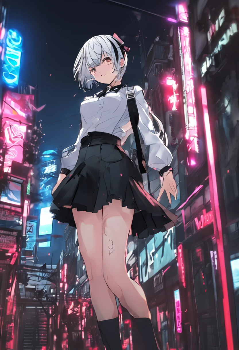 Realistic, 1girll, ((full bodyesbian)), Sexy,Pretty face, White hair, Purple eyes,Sexy legs,(school uniform), Black high heels,Black school uniform, (Black skirt), parted lip, Blush, Night, Possessed, 耳Nipple Ring,