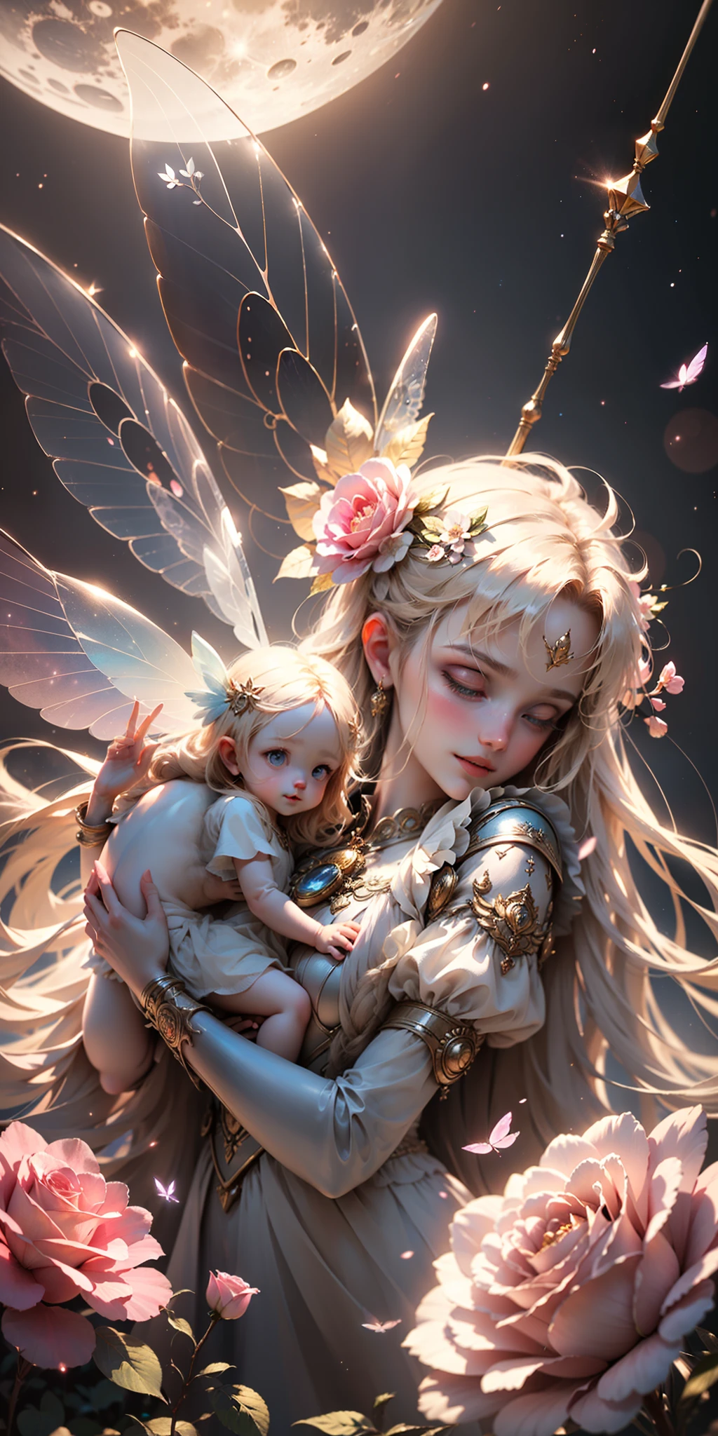 hyperrealistic, baby, angel or fairy, light, friend, play, laugh, beautiful, beautiful, cute, unreasonable gorgeous flowers --auto --s2