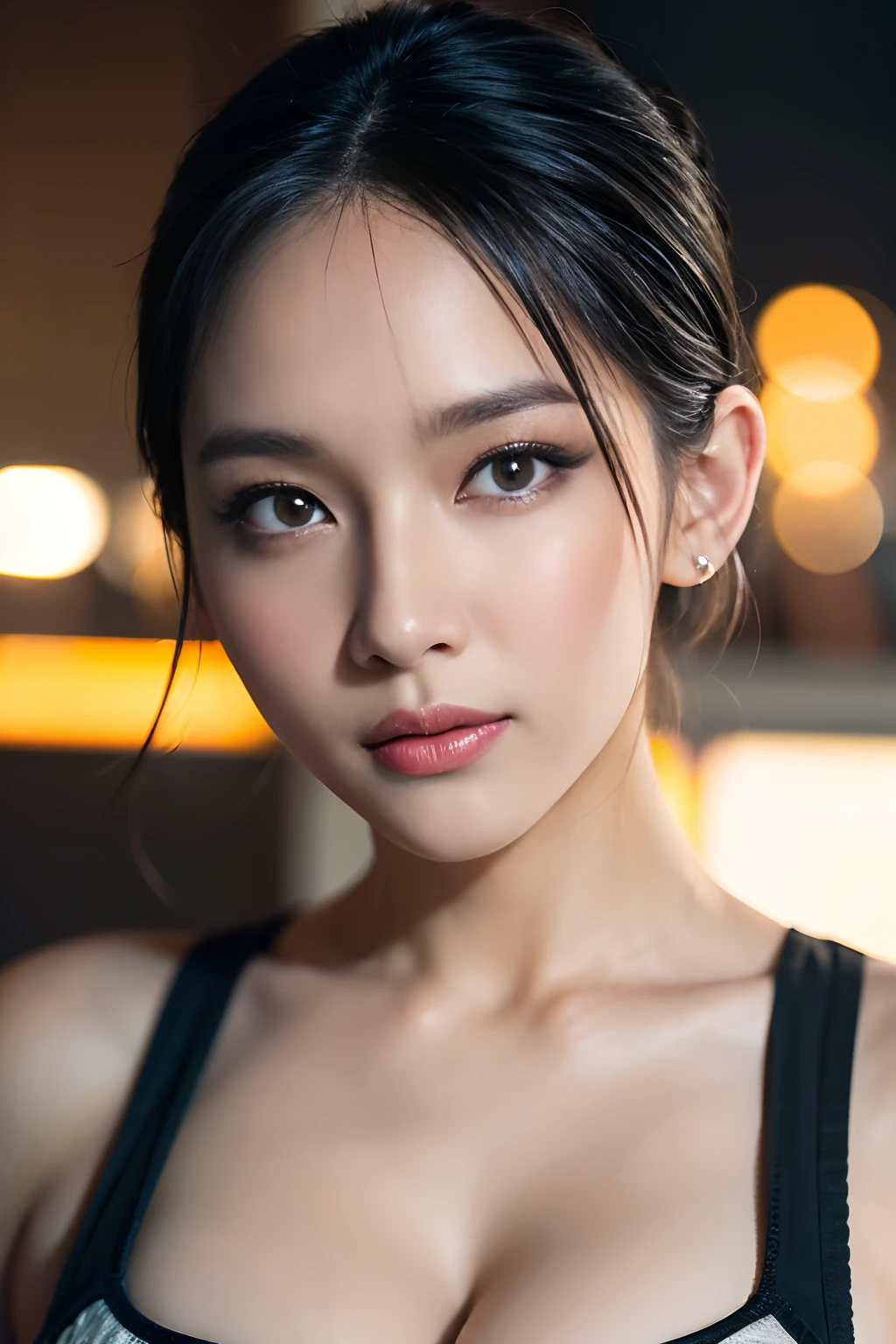 High quality, Shiny skin, (masutepiece:1.4), (8K, Photorealsitic, Raw photo, Best Quality: 1.4), japanes, (1girll), Beautiful face, (Realistic face:1.4), Beautiful hairstyle, Beautiful detailed eyes, (Best Ratio Eyes:1.5), Attractive, 超A high resolution, Ultra photo realsisim, Highly detailed, Optimal ratio, (Detailed face:1.4), view the viewer, red lipsticks, (Best Ratio Fingers:1.5), (Realistic blue eyes:1.2), ((High Proportion Realistic Breasts, Realistic medium breasts):1.4), (Closed mouth:1.5), Slender body, (with whole body visible:1.5), Portrait, Photography, Detailed skin, Realistic, Photorealsitic, Highly detailed, full length frame, High Detail RAW Color Art, Piercing, diffused soft lighting, Shallow depth of field, foco nítido, Cinematic lighting