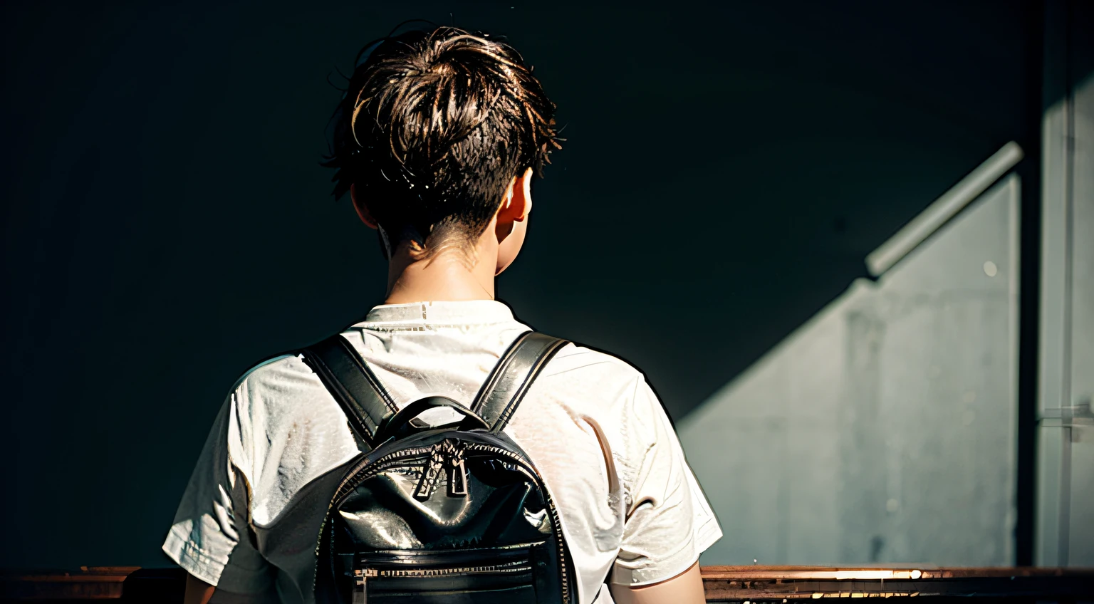 best qualtiy，Heads-up，A half body，Back shadow，Male Student，Black hair，Background middle school