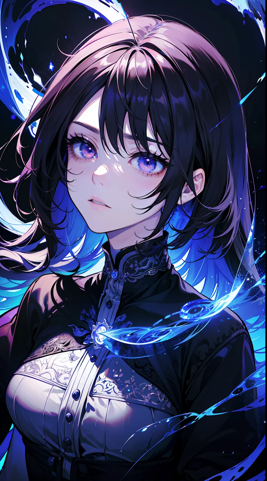 (Masterpiece, Best quality, Ultra-detailed, Best shadow), (Detailed background,Dark fantasy), (Beautiful detailed face), High contrast, (Best illumination, An extremely delicate and beautiful), ((Cinematic light)), Colorful, Hyper-detailing, Dramaticlight, Intricate details, (1 girl, Solo,Black hair, sharpy face,Low Twin Tails,Red eyes, hair between eye,Dynamic Angle), blood spatter, swirling black light around character, Depth of field,Black light particles,(Broken glass),Magical Circle,